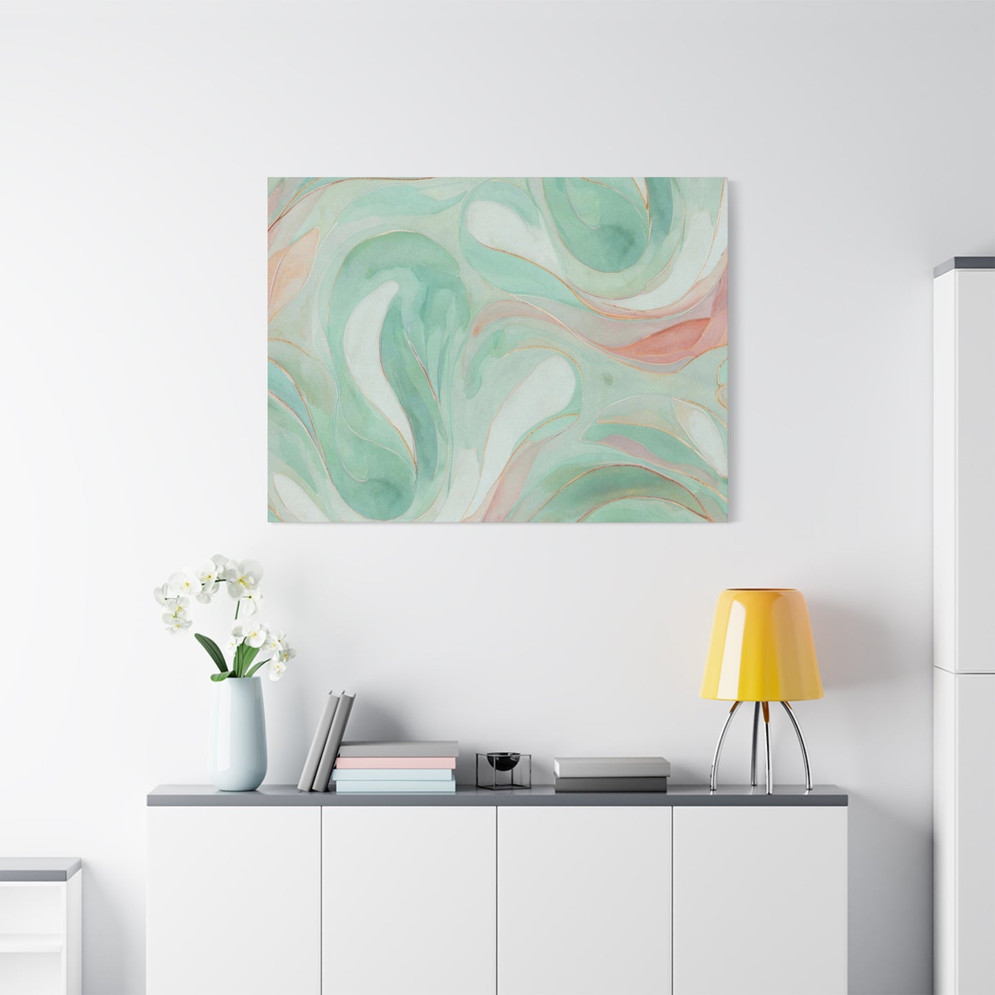 Abstract Green Marble Canvas Print — Teal & Coral Swirl Wall Art