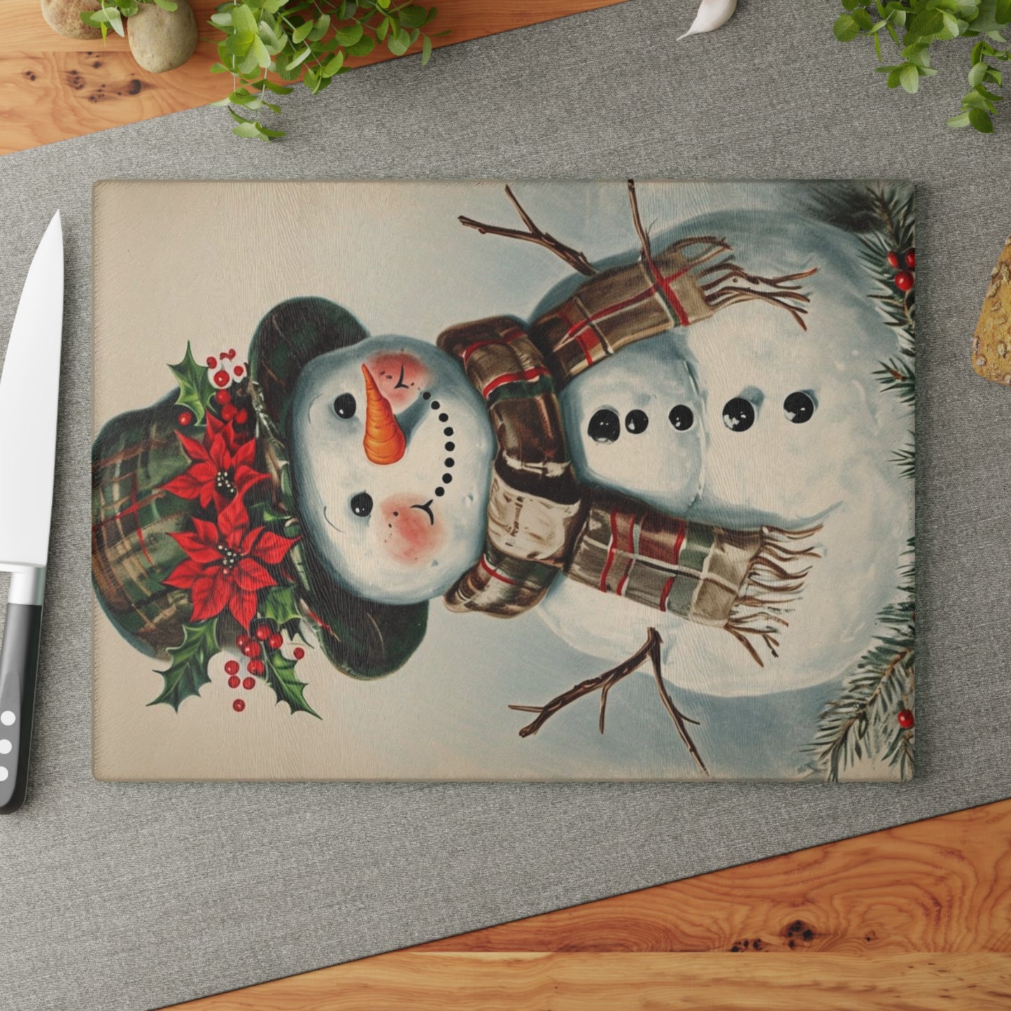 Snowman Glass Cutting Board — Festive Holiday Kitchen Decor & Serving Board