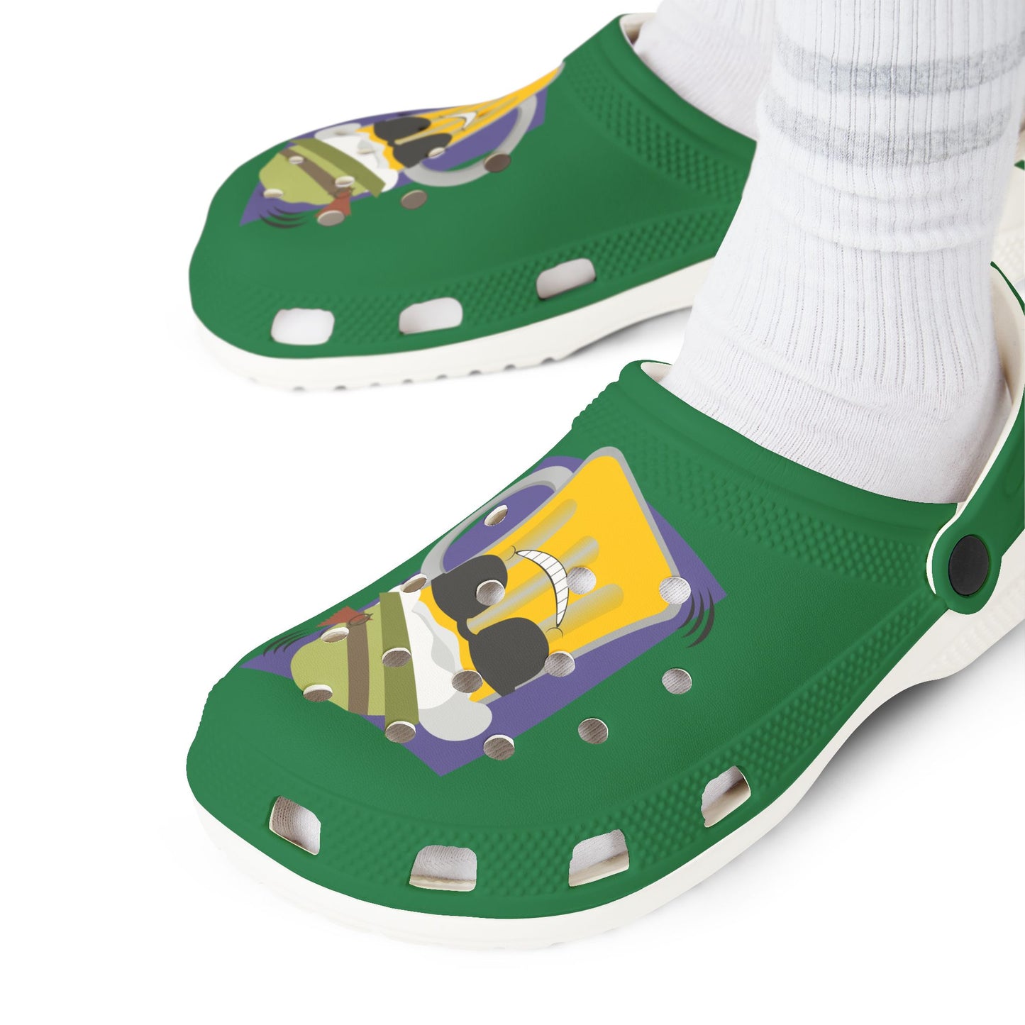 Green Foam Clogs with Cool Sunglasses Mug Graphic — Fun Casual Slip-On Shoes