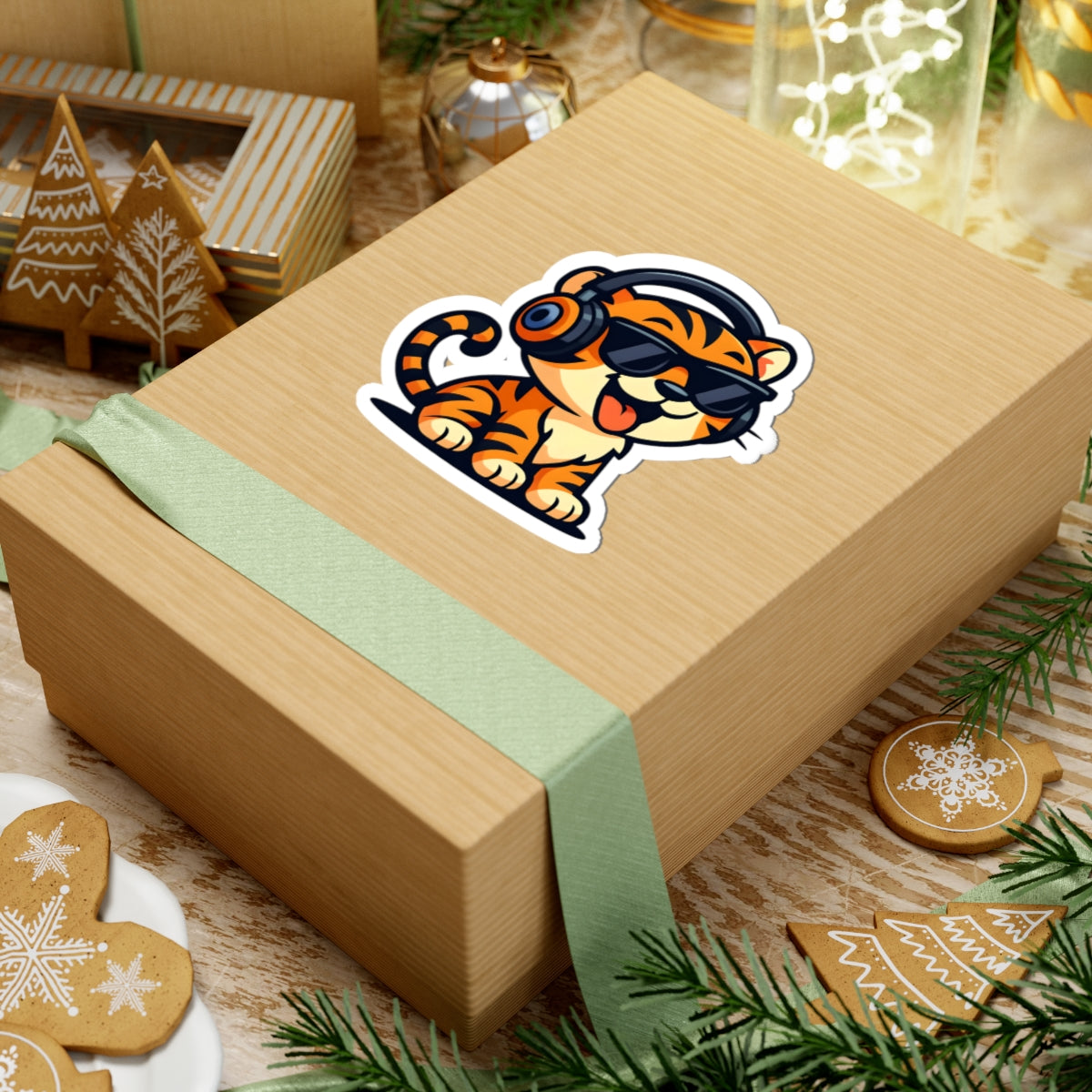 Cool Tiger Headphones Kiss-Cut Stickers, Fun Animal Stickers, Laptop Decals, Cute Home Decor, Gift for Cat Lovers