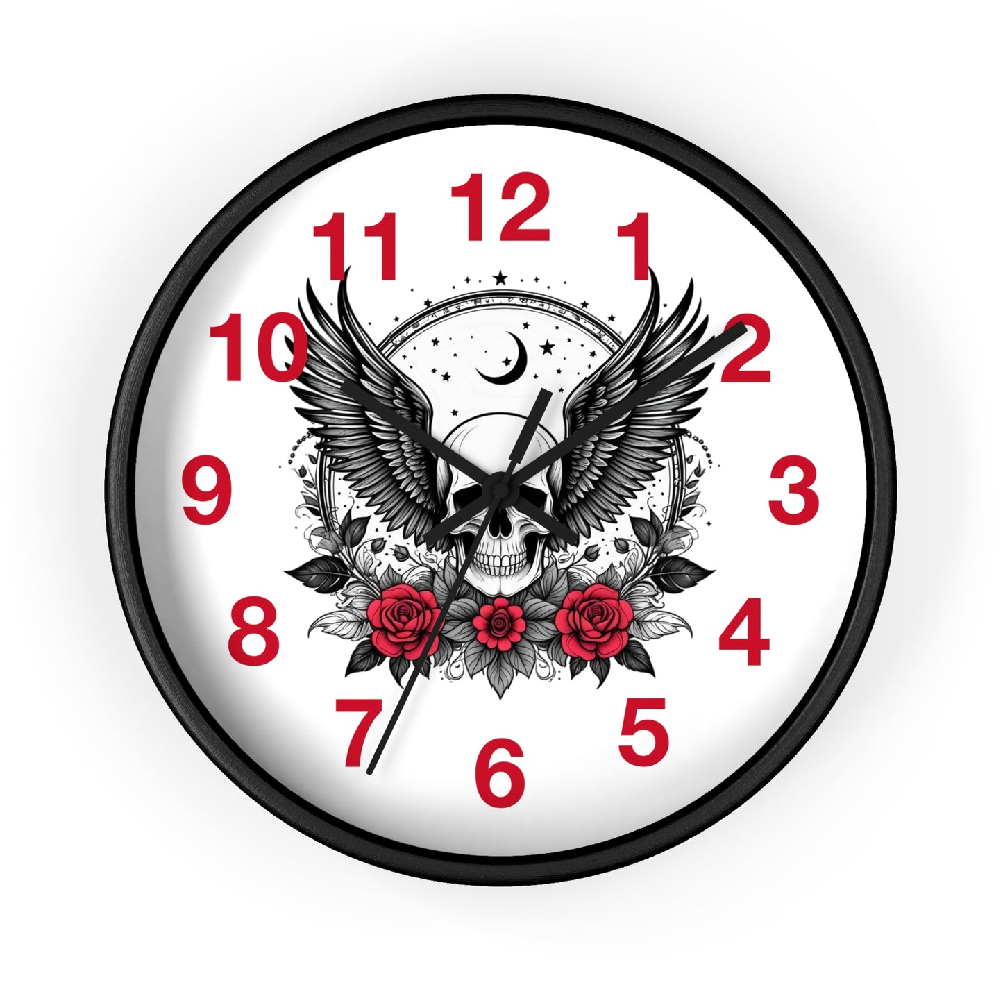 Winged Skull with Red Roses Wall Clock | Gothic Moon Skull Clock