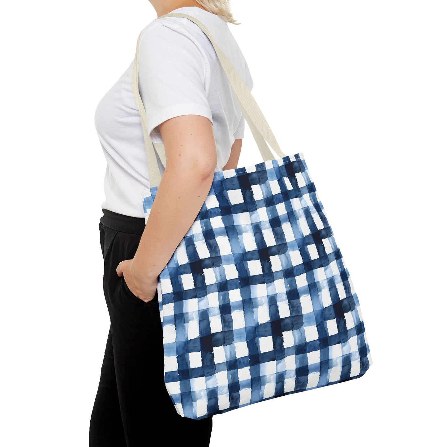 Blue Watercolor Plaid Tote Bag — Navy Check Pattern All-Over Print