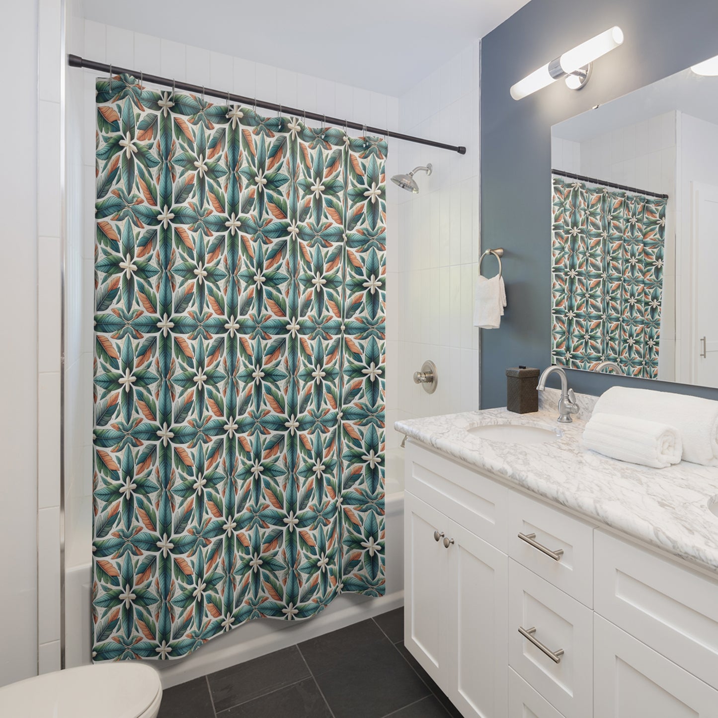 Bohemian Tile Pattern Shower Curtain — Teal & Terracotta Floral Geometric Bath Decor