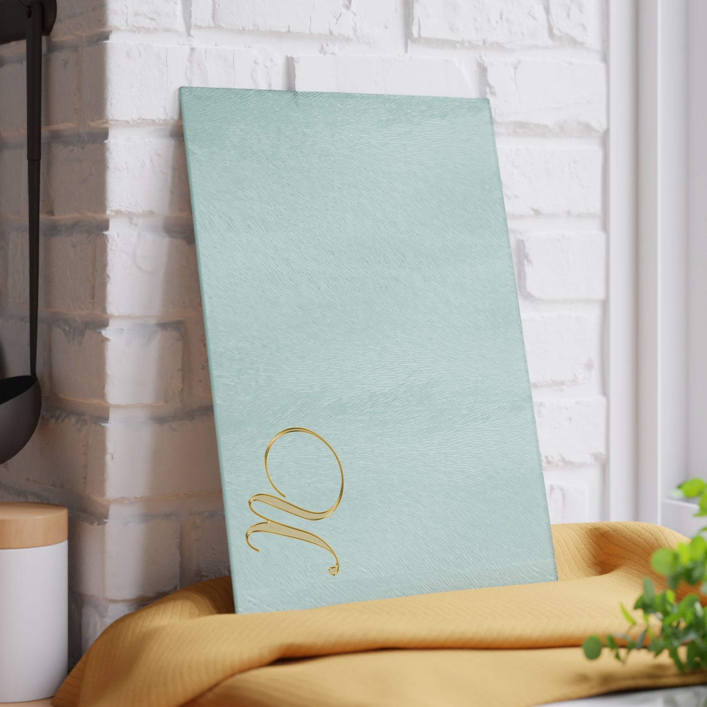 Monogram Glass Cutting Board – Mint Aqua with Gold Script Letter U