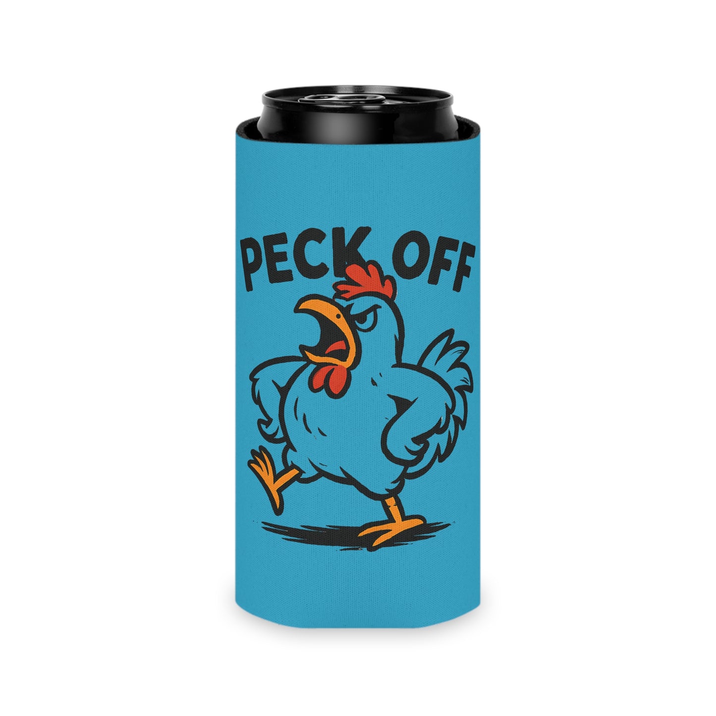 Can Cooler – 'Peck Off' Angry Rooster Drink Holder (Funny Farm Animal Koozie)