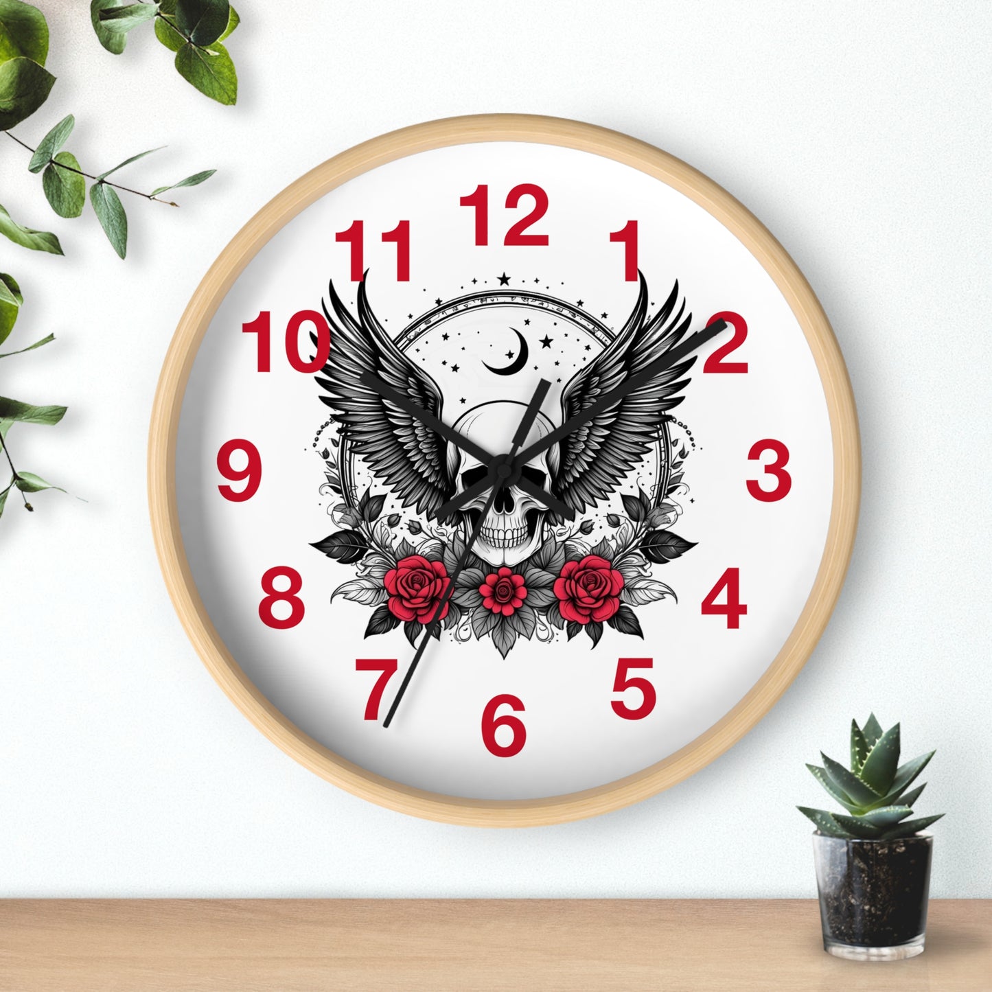 Winged Skull with Red Roses Wall Clock | Gothic Moon Skull Clock