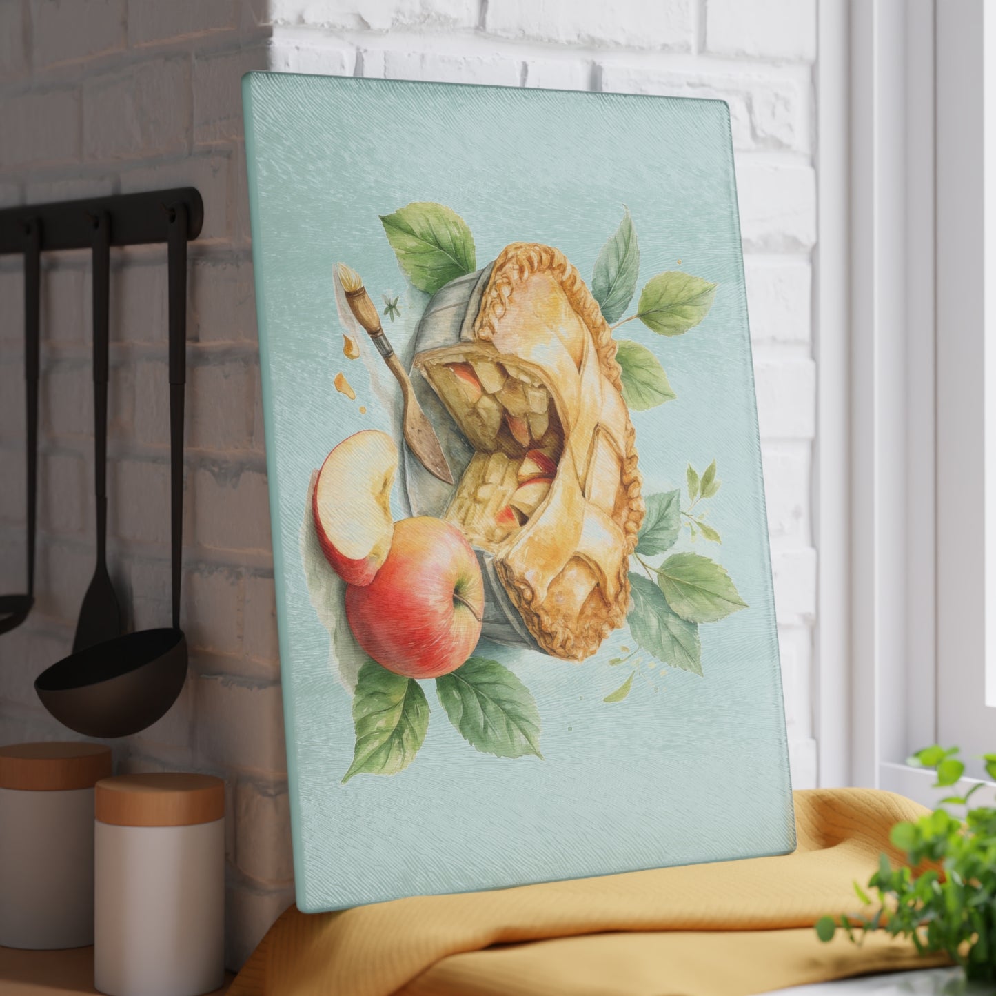 Artisan Glass Cutting Board with Apple Pie Design, Kitchen Decor, Gift for Bakers, Home Cooking, Foodie Gift
