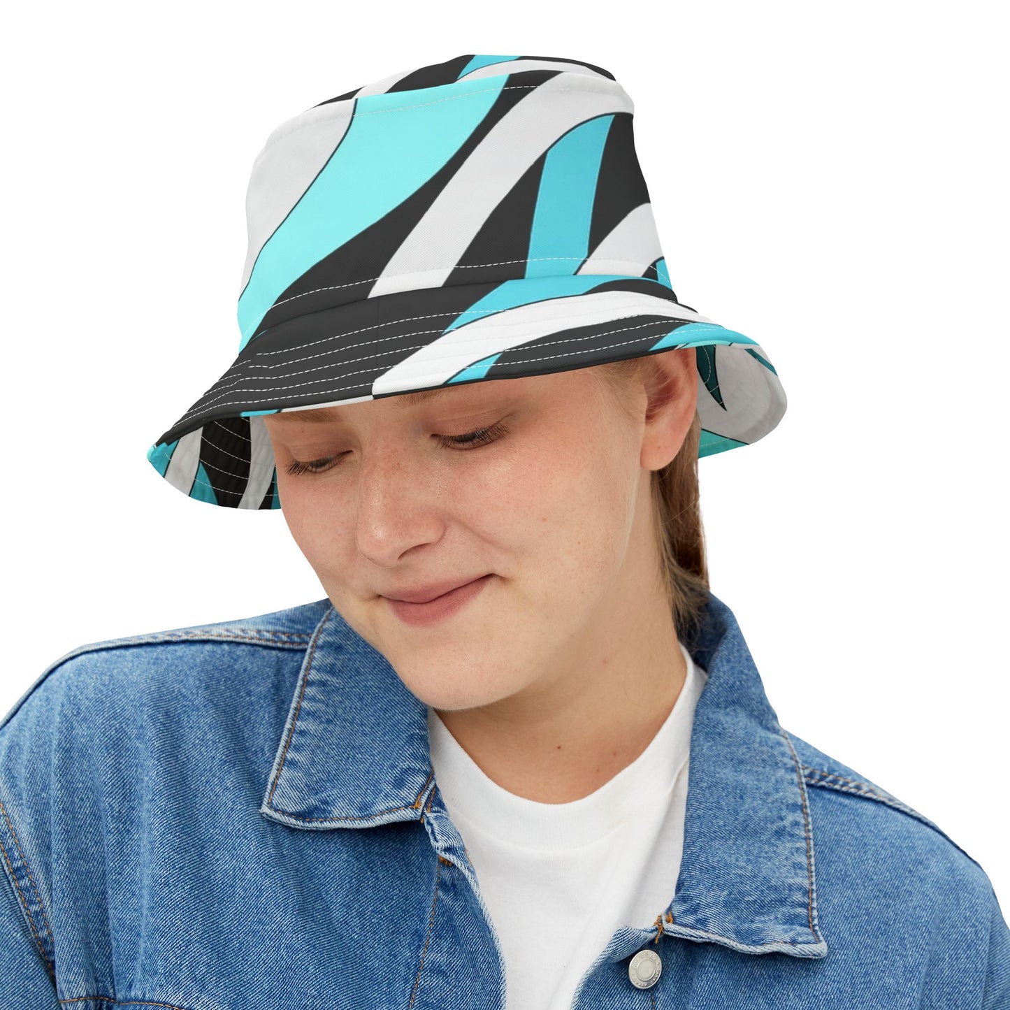 Turquoise Wave Bucket Hat — Retro Swirl Pattern Sun Hat