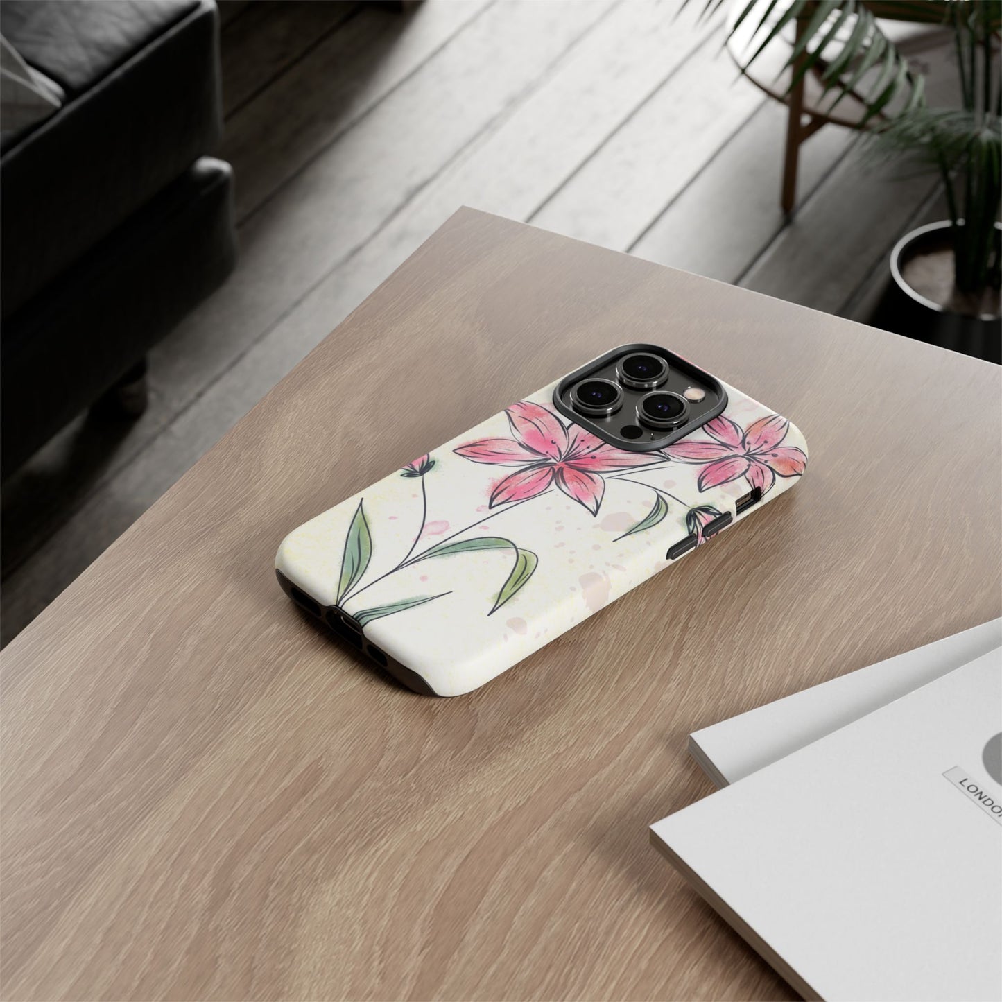 Floral Phone Case with Elegant Pink Lilies, Cute Floral Accessories, Phone Protection, Gift for Her, Stylish Cell Phone Cover