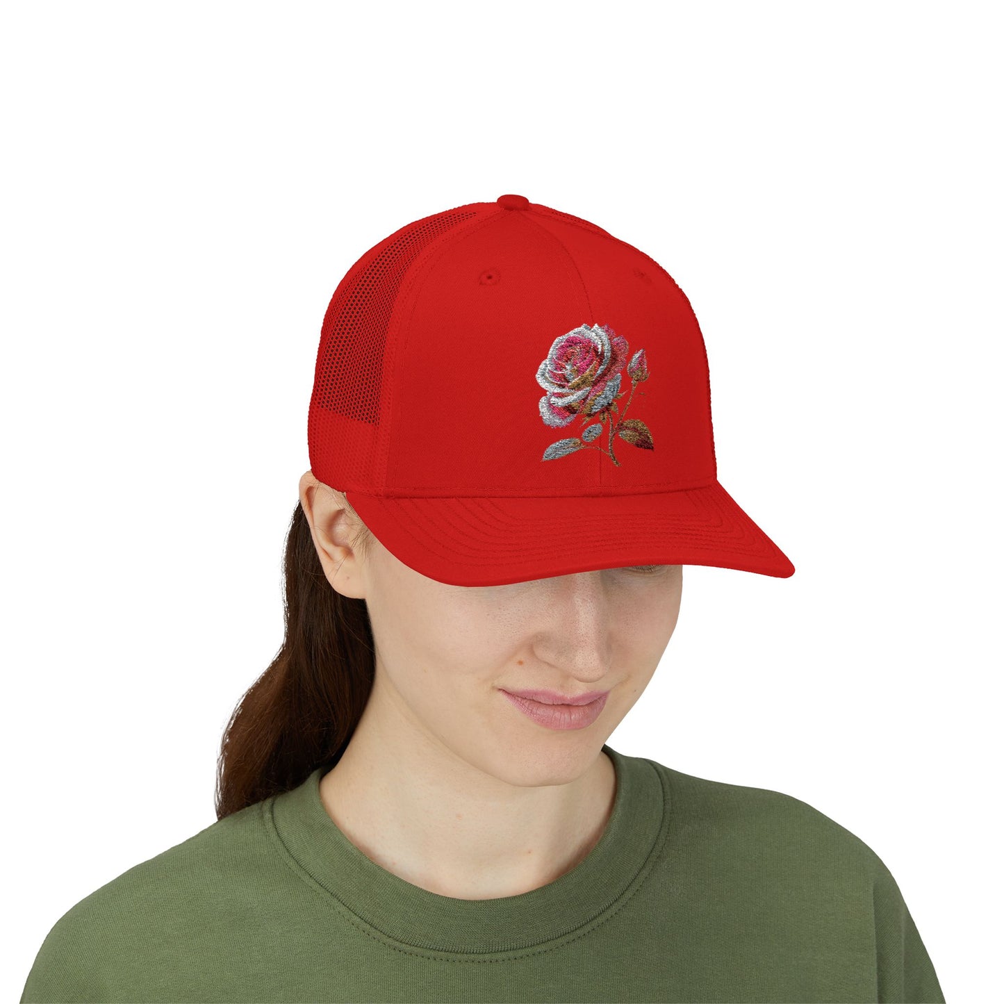 Rose Embellished Snapback Trucker Cap, Casual Hat for Outdoor Events, Gift for Flower Lovers, Stylish Fashion Accessory, Holiday Cap