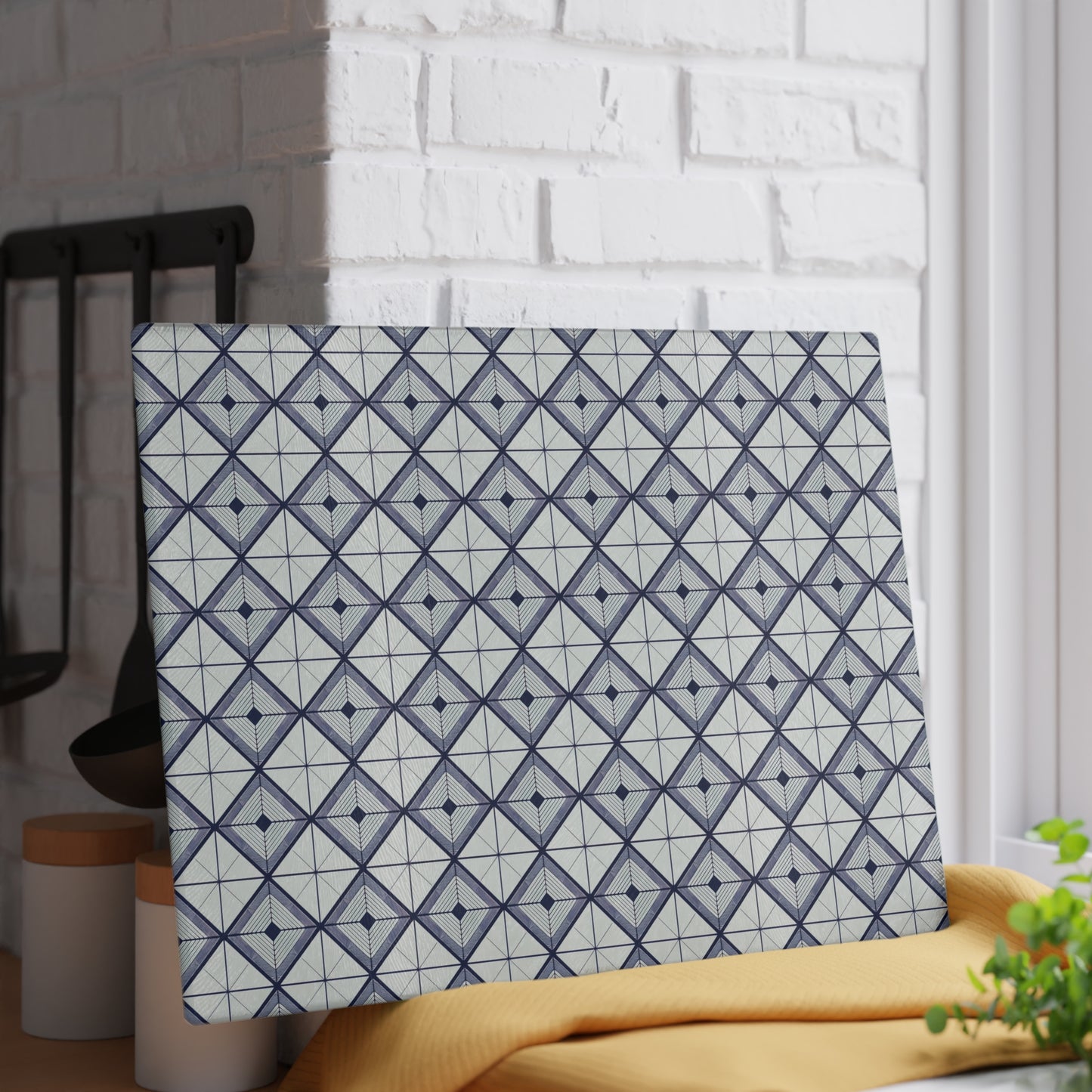 Geometric Slate Glass Cutting Board — Navy Diamond Tile Pattern
