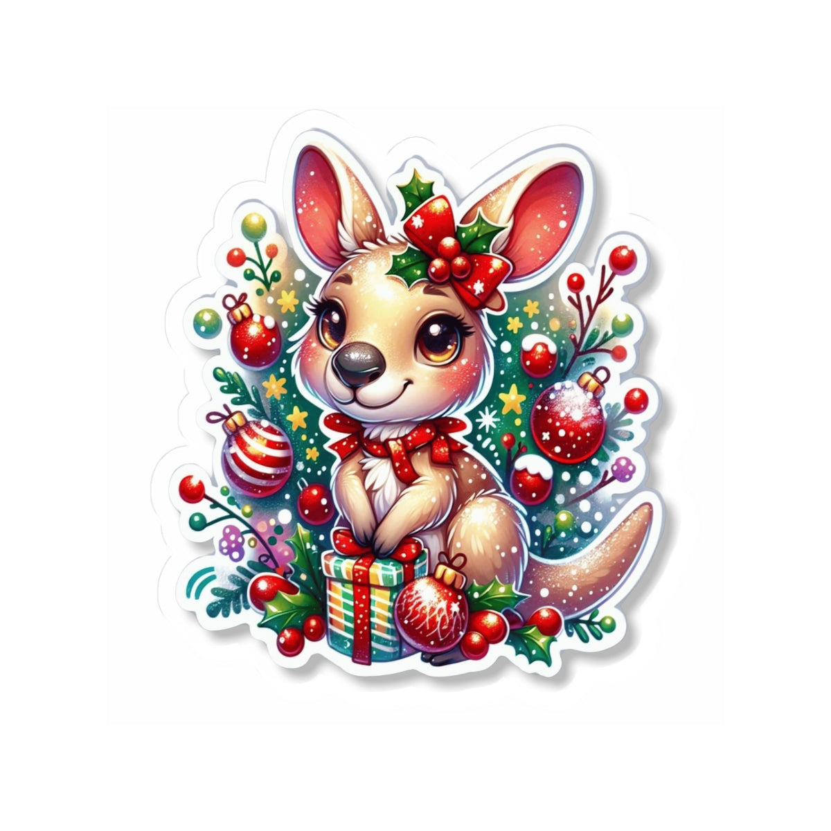 Festive Kangaroo Kiss-Cut Stickers, Christmas Decor, Holiday Gifts, Cute Animal Stickers, Laptop Decals, Children's Party Supplies