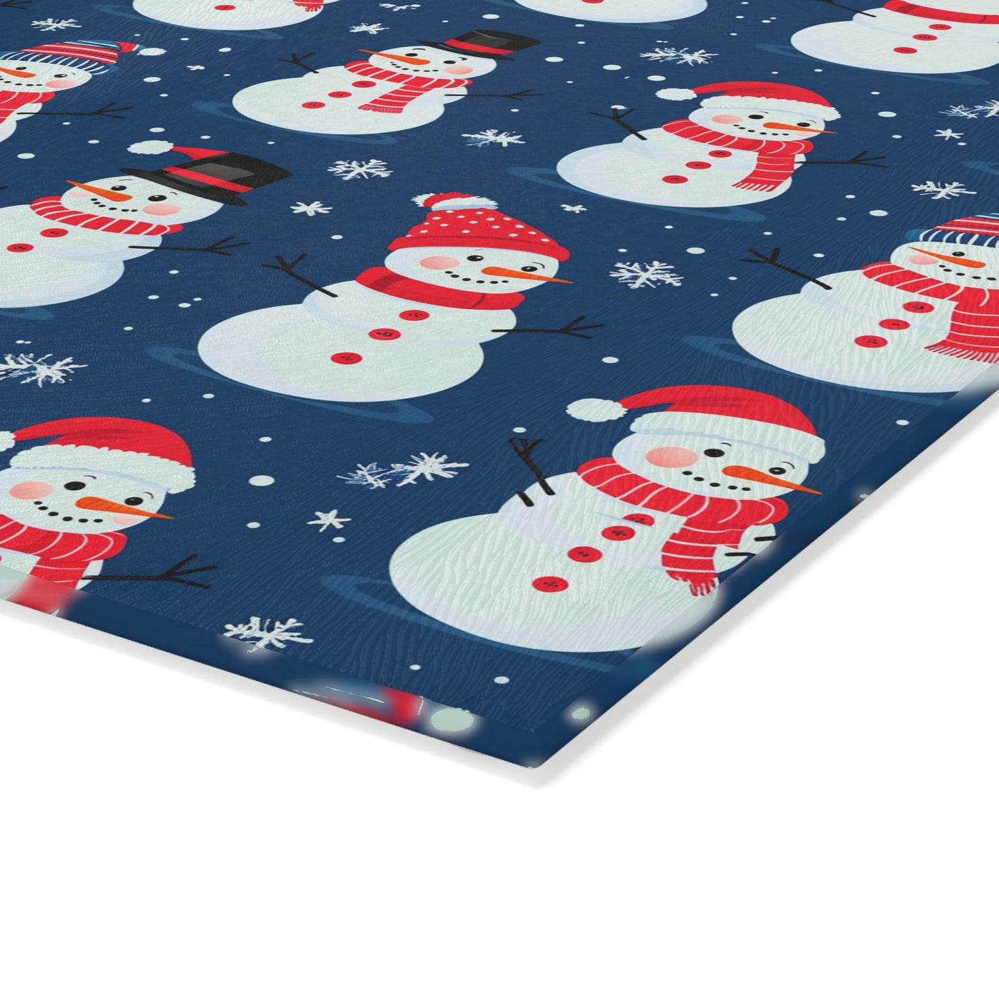 Snowman Pattern Glass Cutting Board — Festive Holiday Kitchen Decor