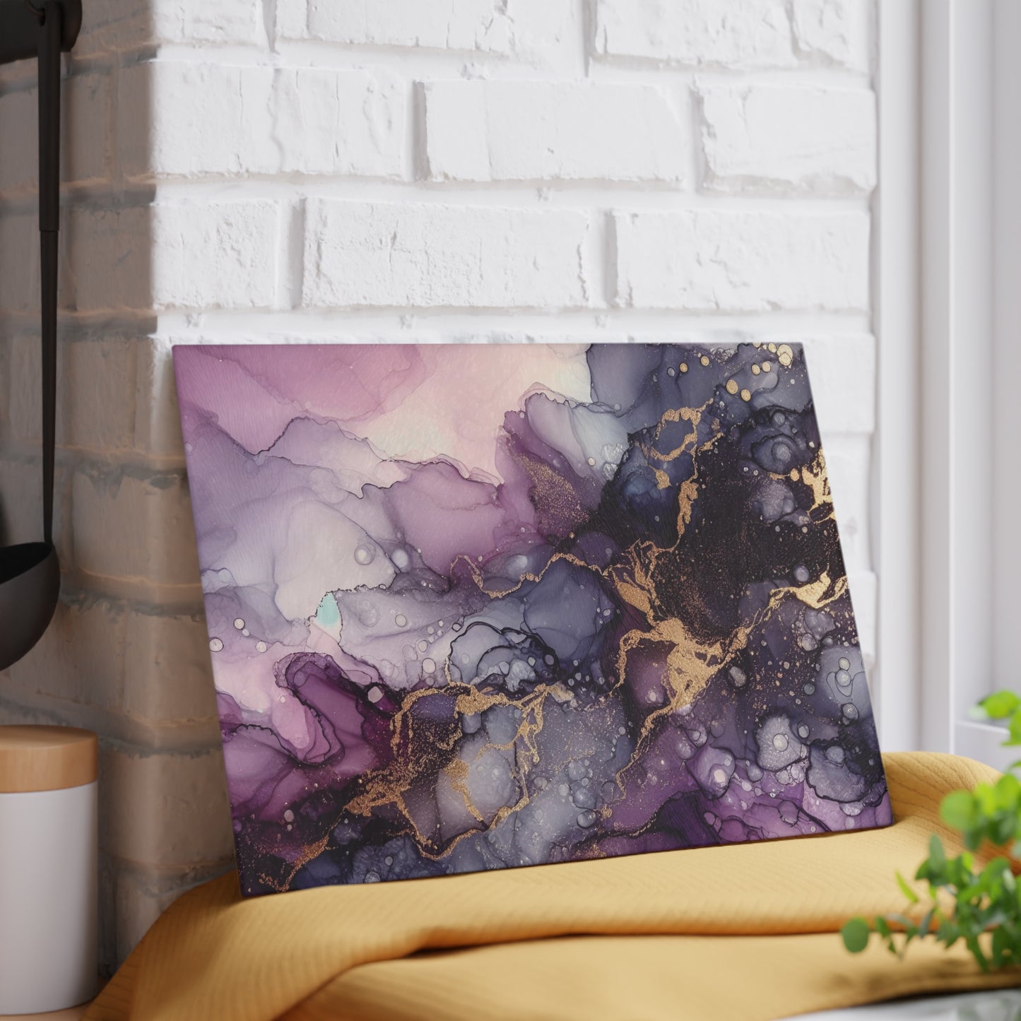 Purple Marble Glass Cutting Board – Abstract Gold Vein Kitchen Board