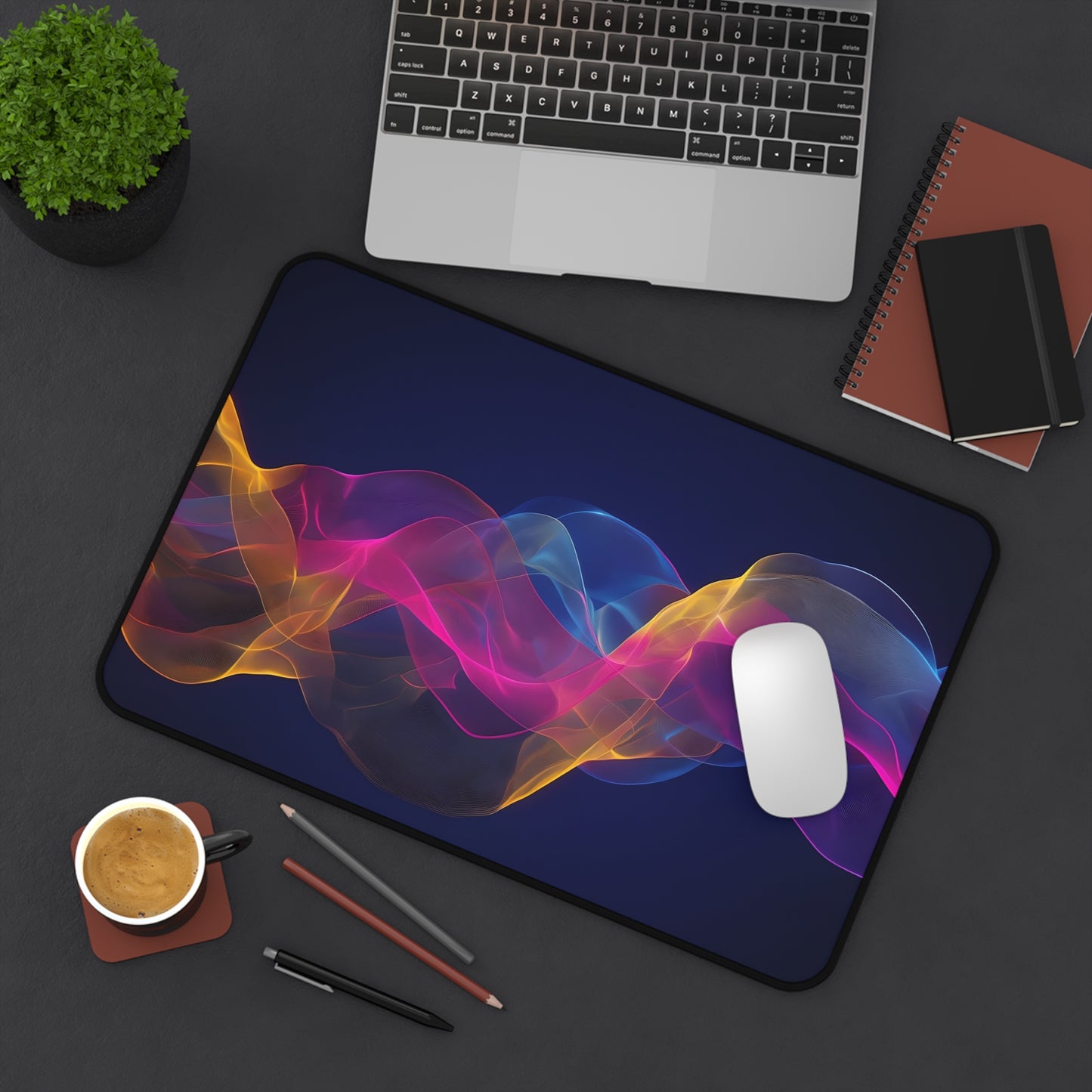 Abstract Neon Wave Desk Mat — Colorful Smoke Mouse Pad for Office & Gaming