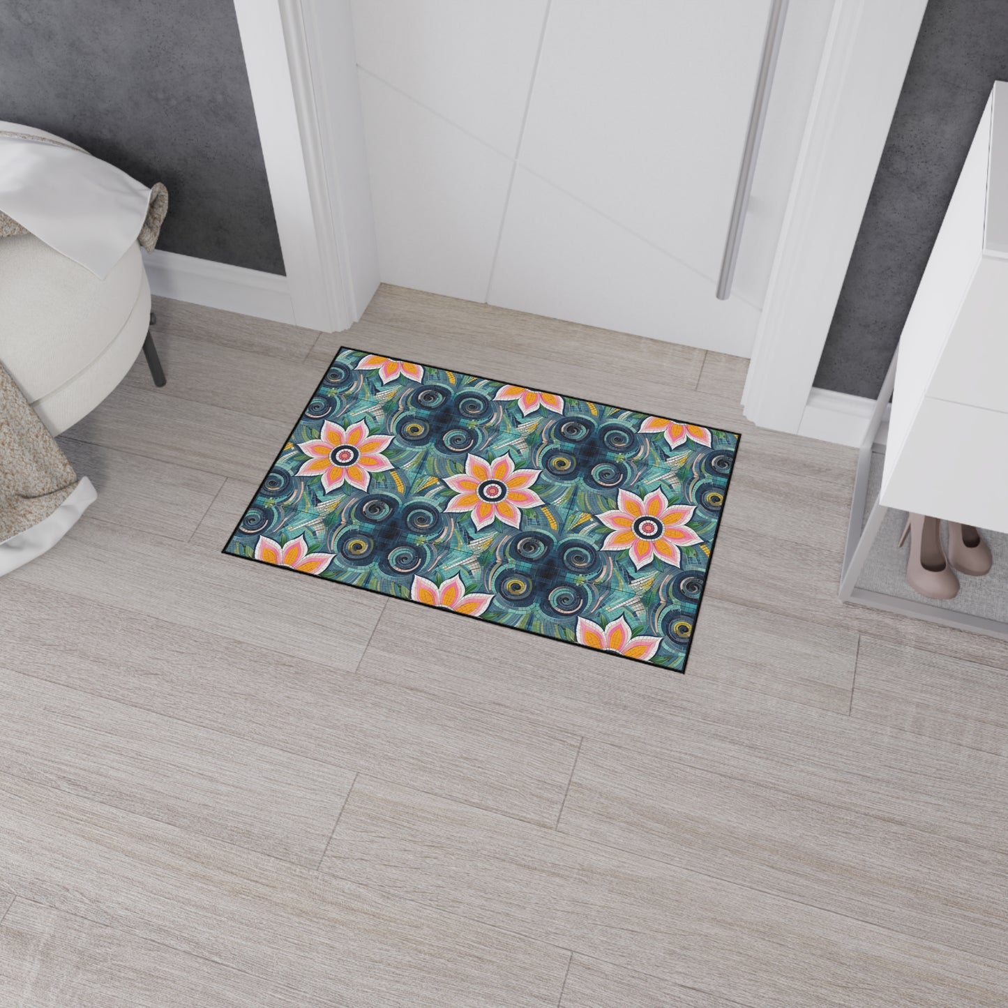 Floral Mosaic Heavy-Duty Floor Mat — Non-Slip Garden Pattern Rug