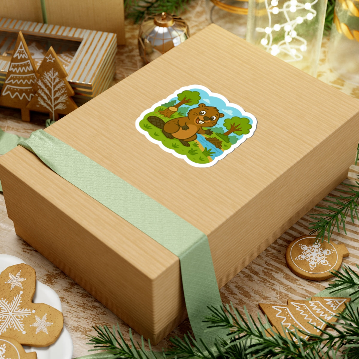 Beaver Pond Kiss-Cut Sticker – Cute Woodland Animal Laptop Decal