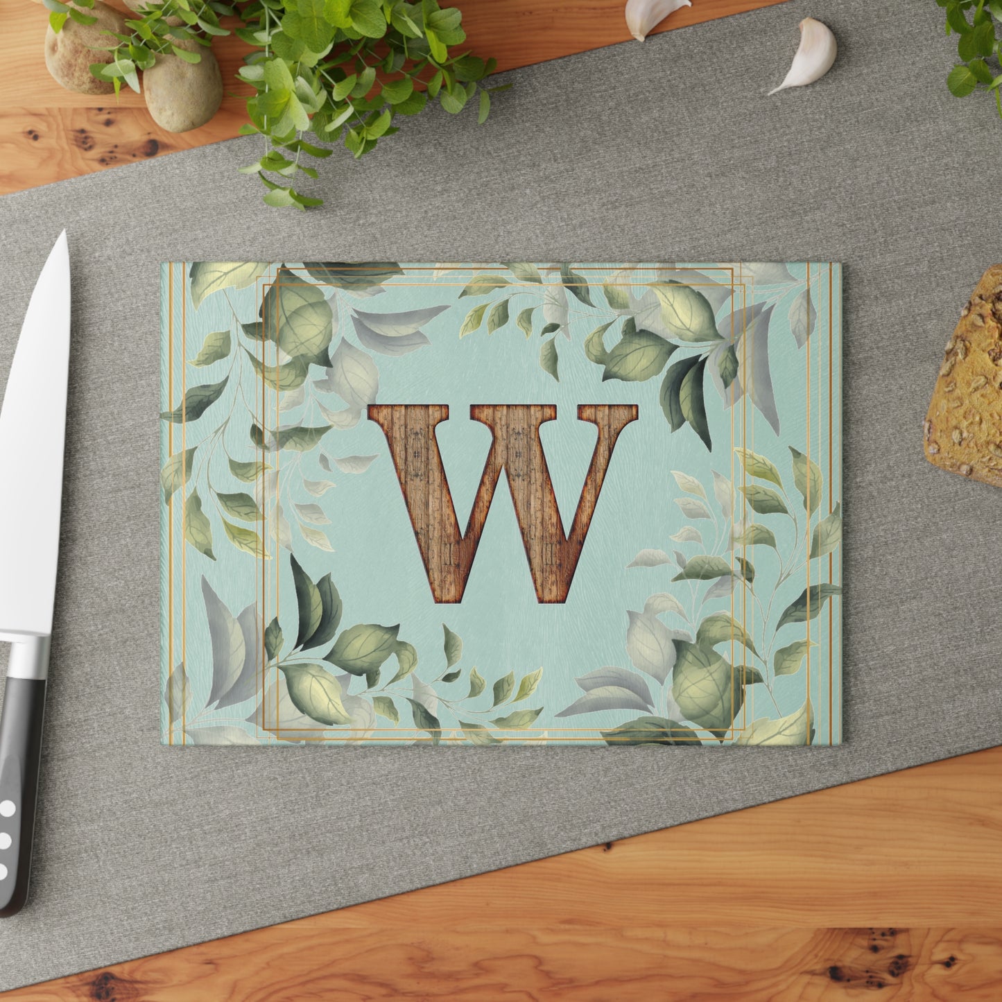 Monogram Glass Cutting Board — Rustic Wood 'W' with Greenery Border