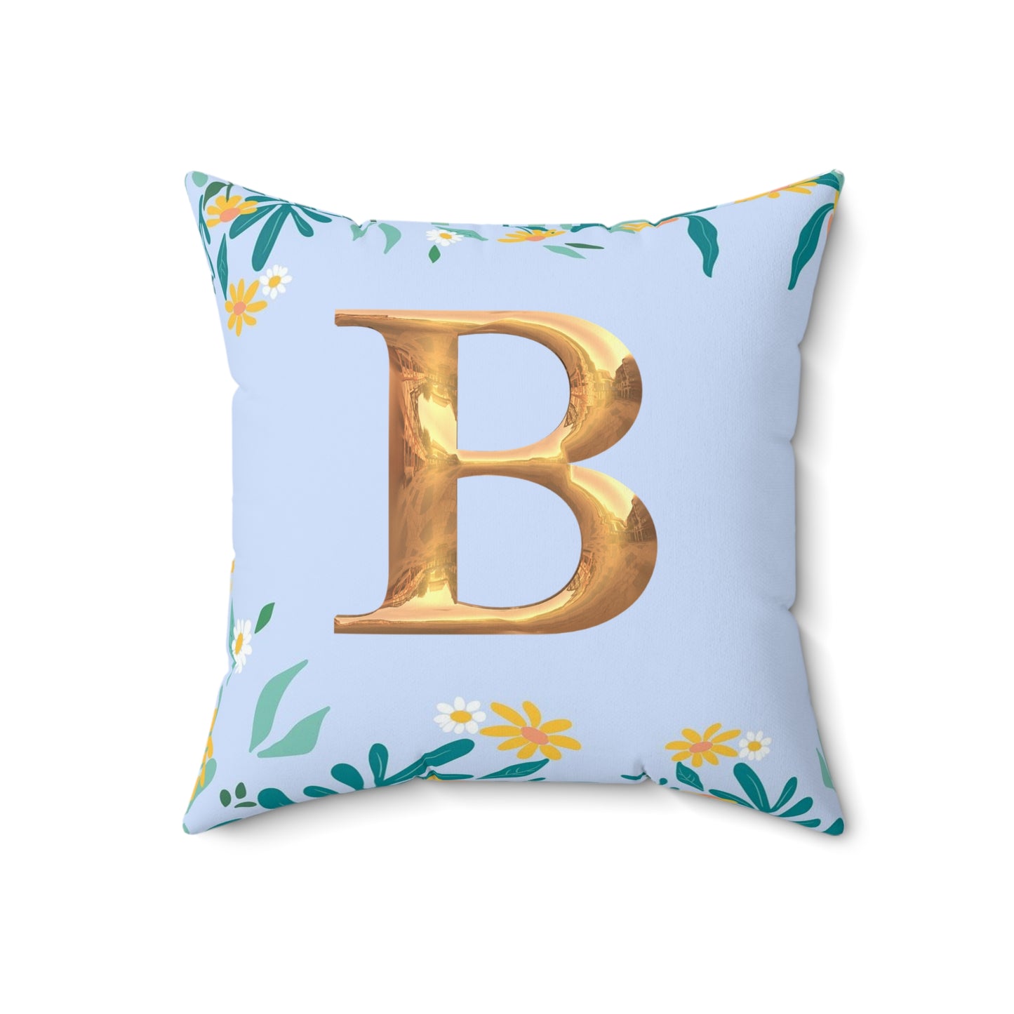 Floral Border Square Pillow — Light Blue Daisy Accent Cushion