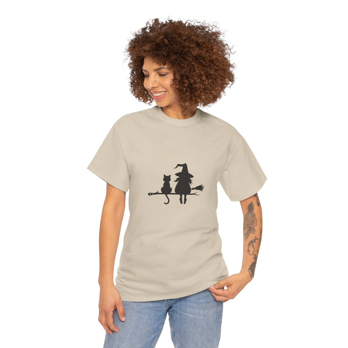 Witch and Cat Tee | Spooky Unisex Shirt for Halloween | Cute Witchwear for Cat Lovers | Fall Wardrobe Essential | Gift for Magical Friends