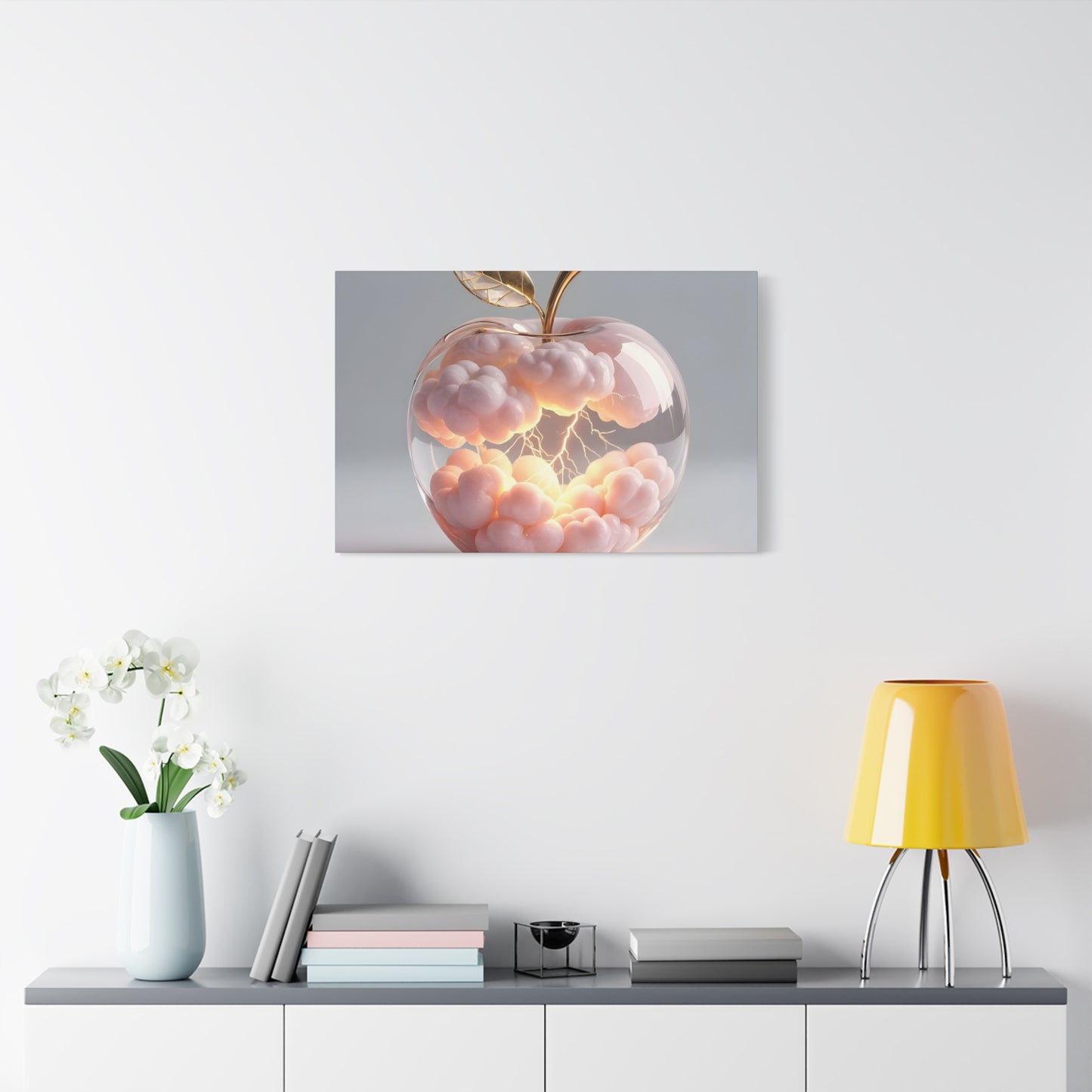 Surreal Glass Apple Canvas – Lightning & Pink Clouds Wall Art