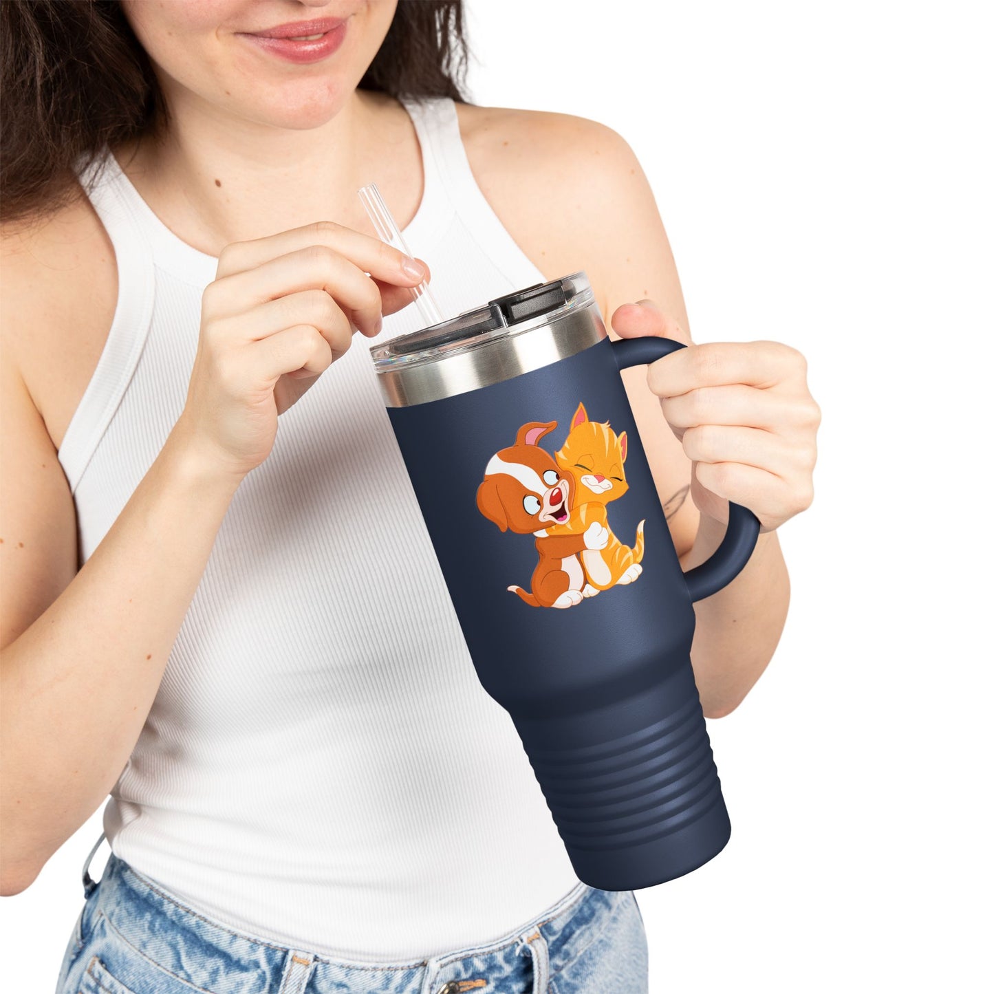 Whimsical Pet Love Insulated Travel Mug, Cute Animal Travel Mug, 40oz Coffee Cup, Dog Cat Drinkware, Funny Gift for Pet Lovers