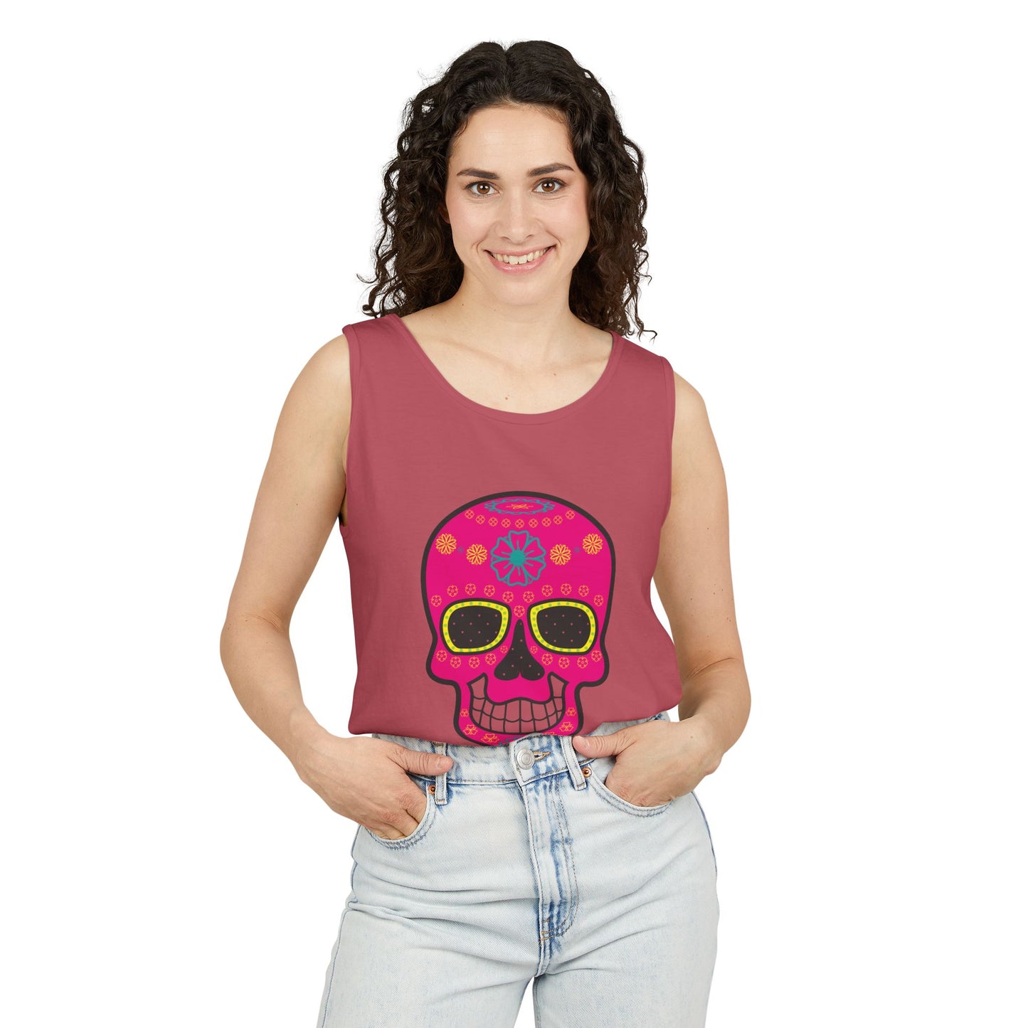 Colorful Dia de los Muertos Skull Tank Top, Unisex Summer Tee, Festival Wear