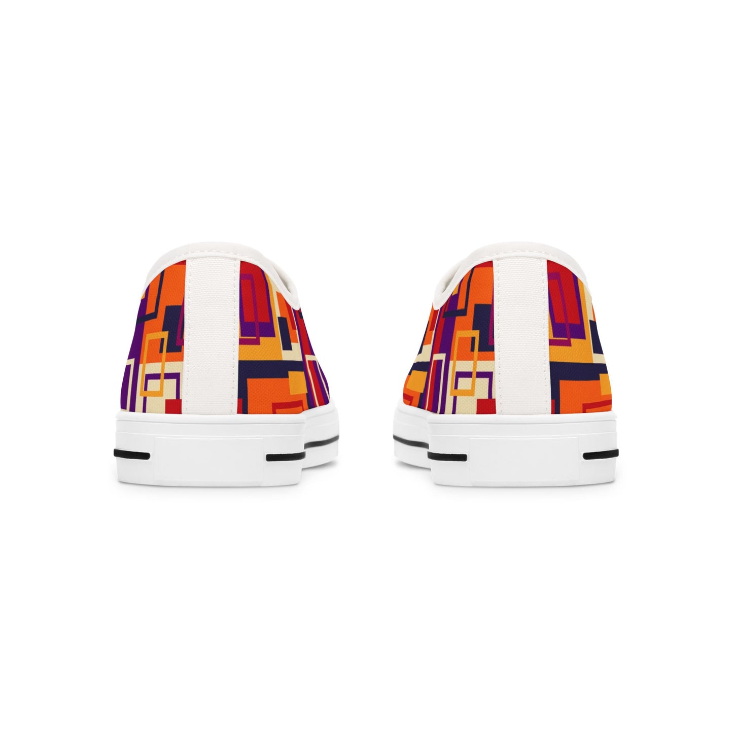 Retro Geometric Women's Low Top Sneakers — Bold Orange & Purple Patchwork Canvas