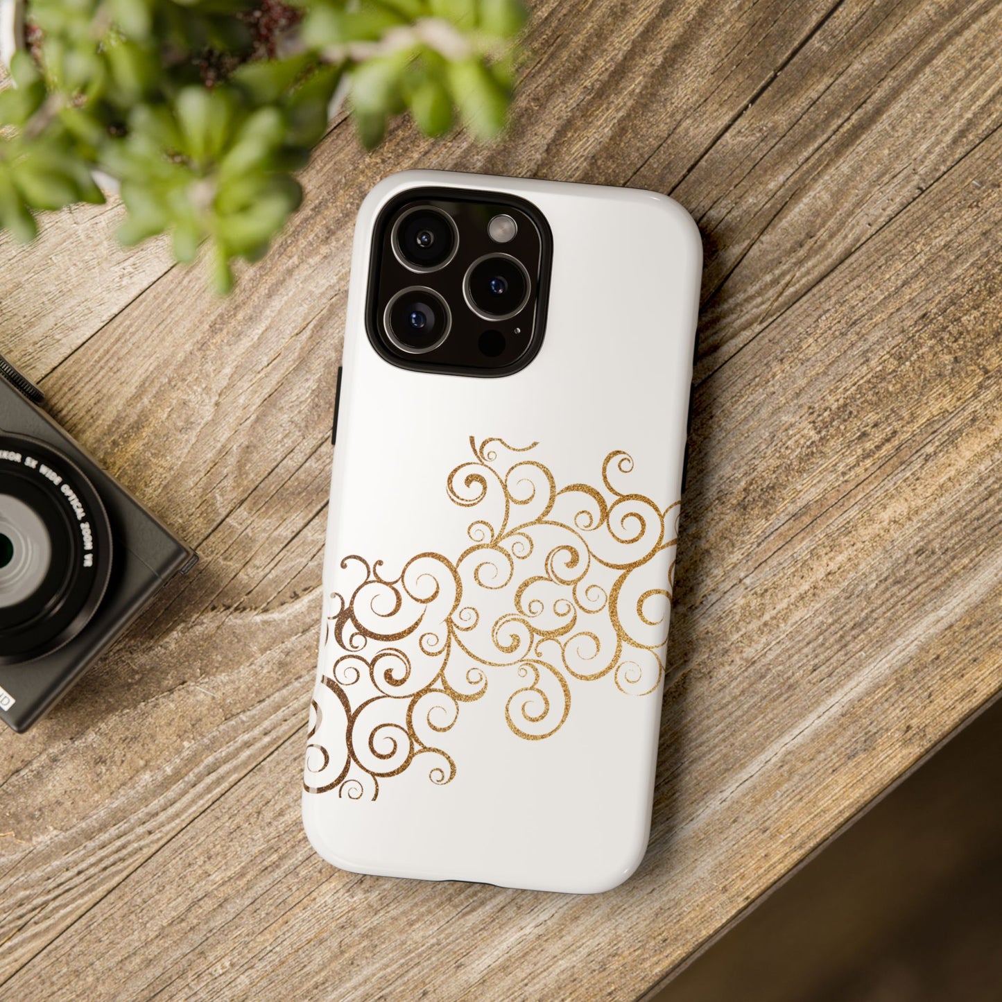 Elegant Floral Phone Case, Tough Cases, Gold Swirls, Stylish Protection, Trendy Gift, Chic Accessory