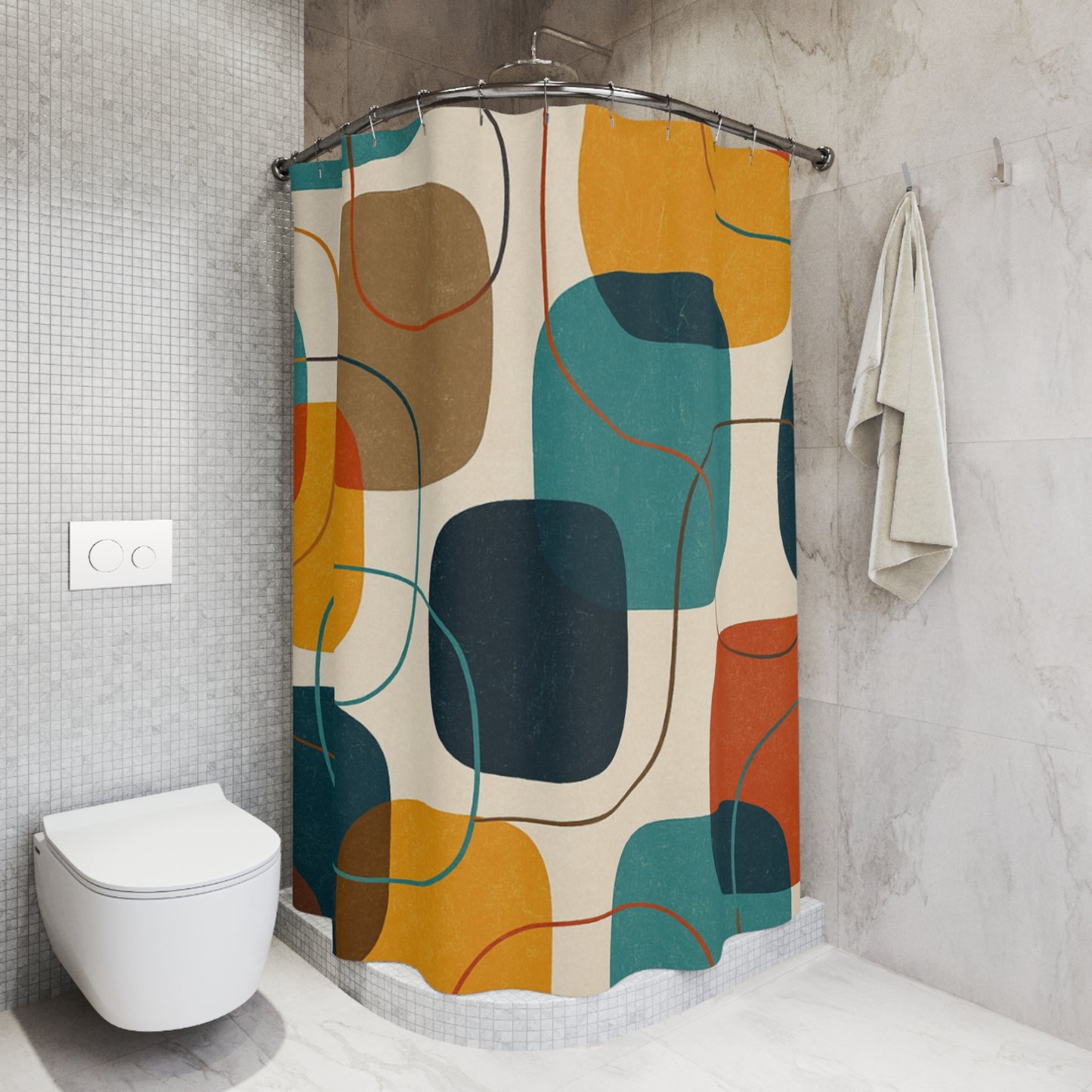 Mid-Century Abstract Shower Curtain — Retro Geometric Bathroom Decor