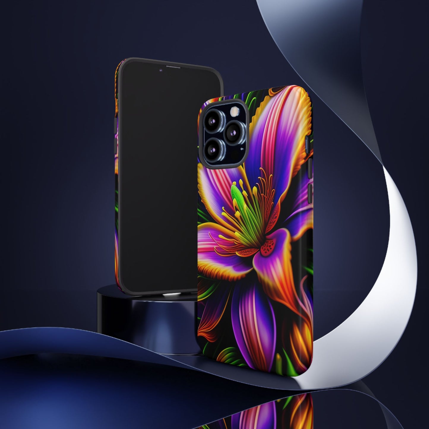 Floral Neon Tough Phone Case — Vivid Purple & Orange Lily Protective Cover