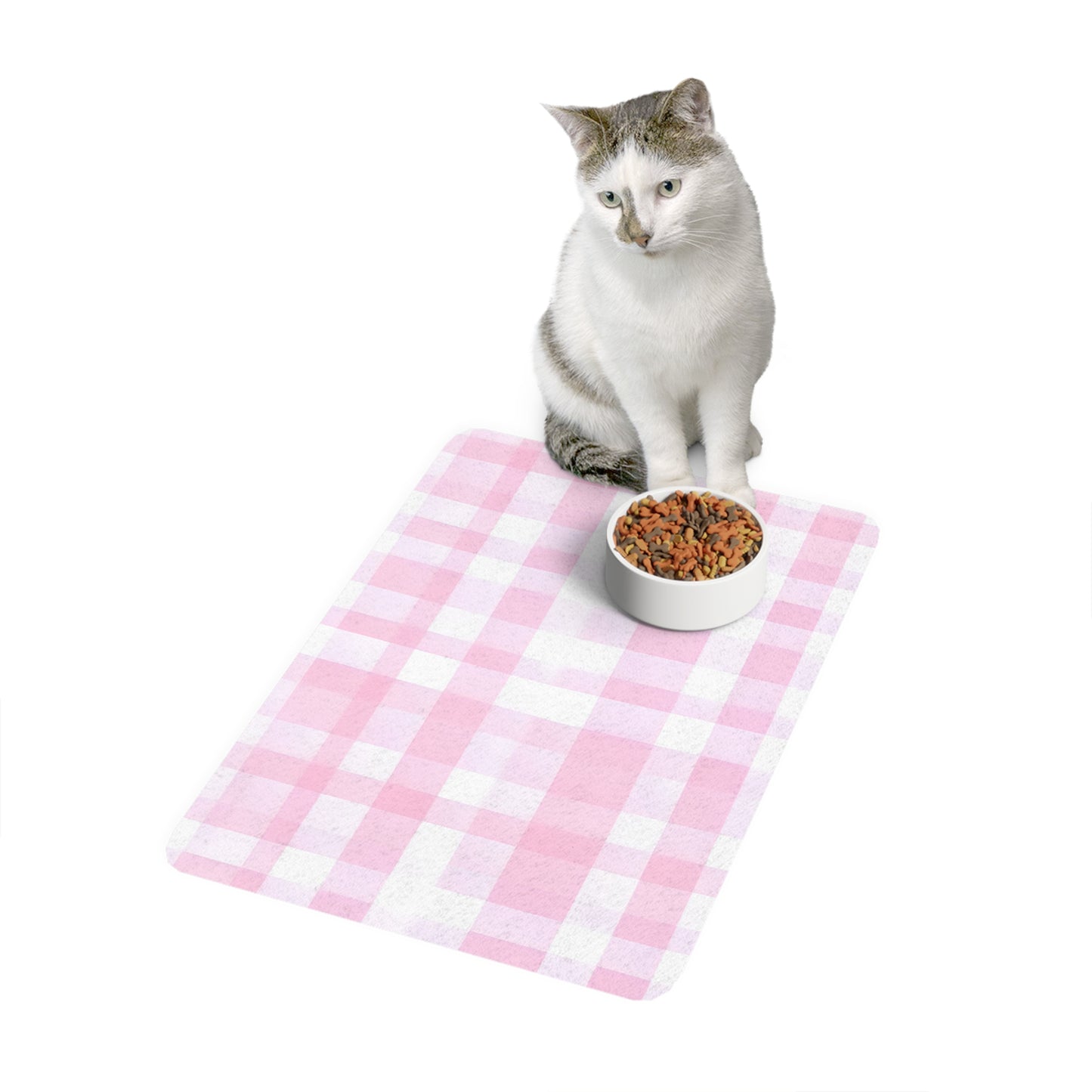 Pink Gingham Pet Food Mat — 12x18 Absorbent Placemat for Cats & Dogs
