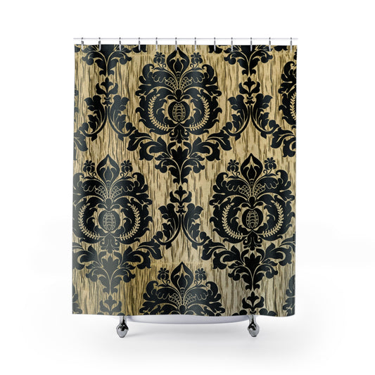 Elegant Vintage Shower Curtain, Boho Bathroom Decor, Black and Gold Fabric, Rustic Home Accents, Stylish Interior Design