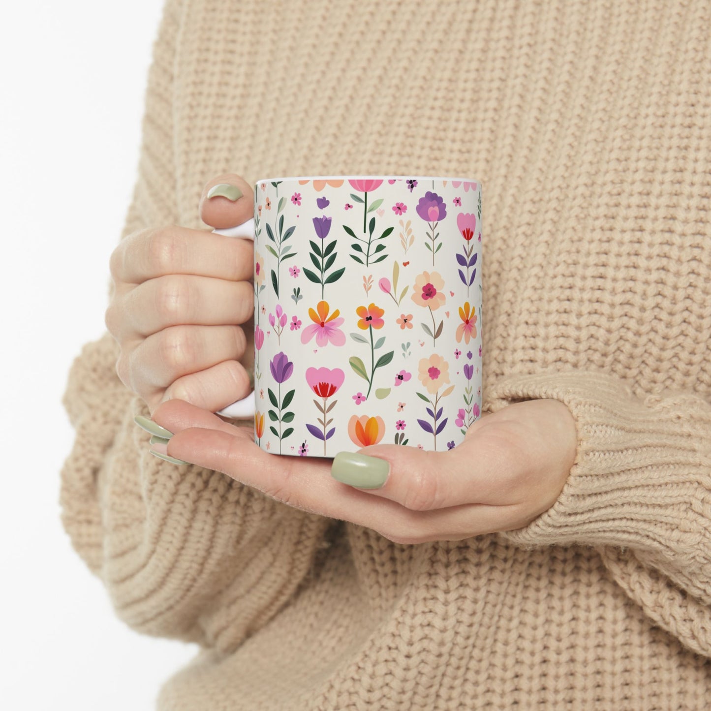 Floral Pattern Ceramic Mug — Pink Spring Flowers 11oz & 15oz