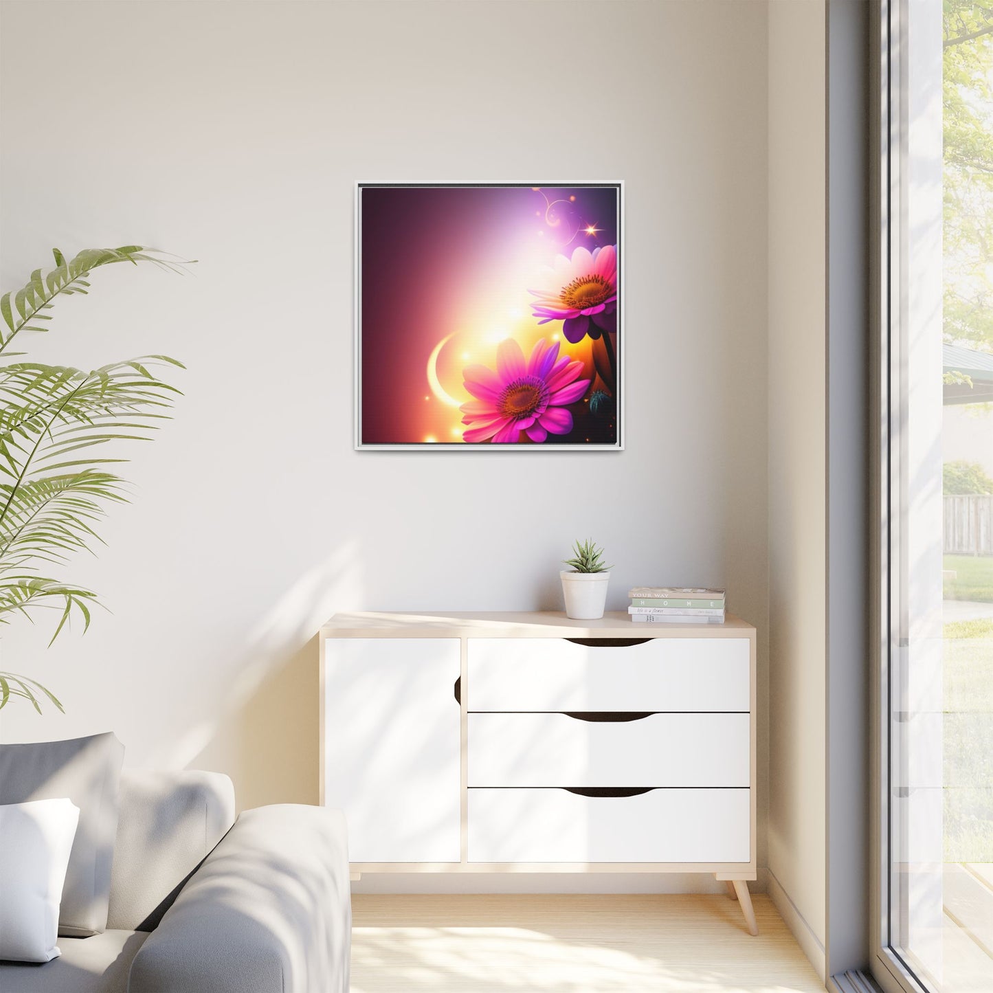 Framed Floral Canvas Art — Pink Daisies Sunset Wall Print