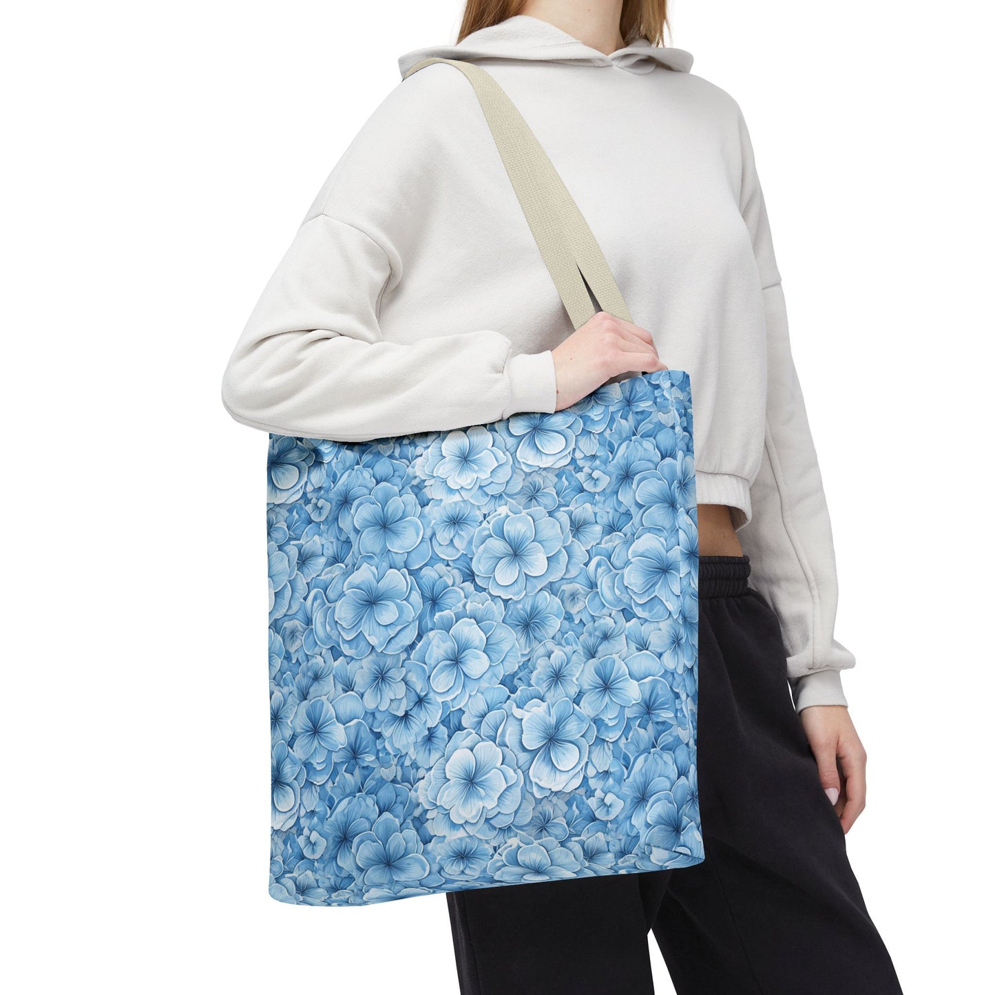 Blue Watercolor Floral Tote Bag — Reusable Flower Pattern Shopper