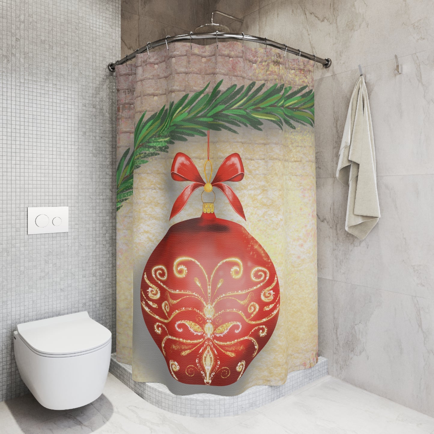 Festive Holiday Shower Curtain with Red Ornament and Pine Wreath, Christmas Bathroom Decor, Holiday Home Accessory, Gift Idea, [...]