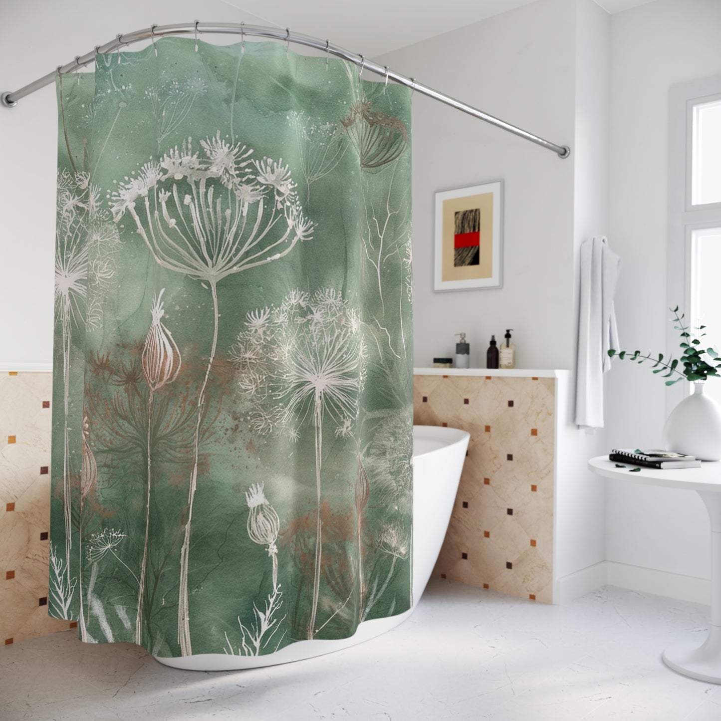 Botanical Dandelion Shower Curtain — Green Floral Bathroom Decor