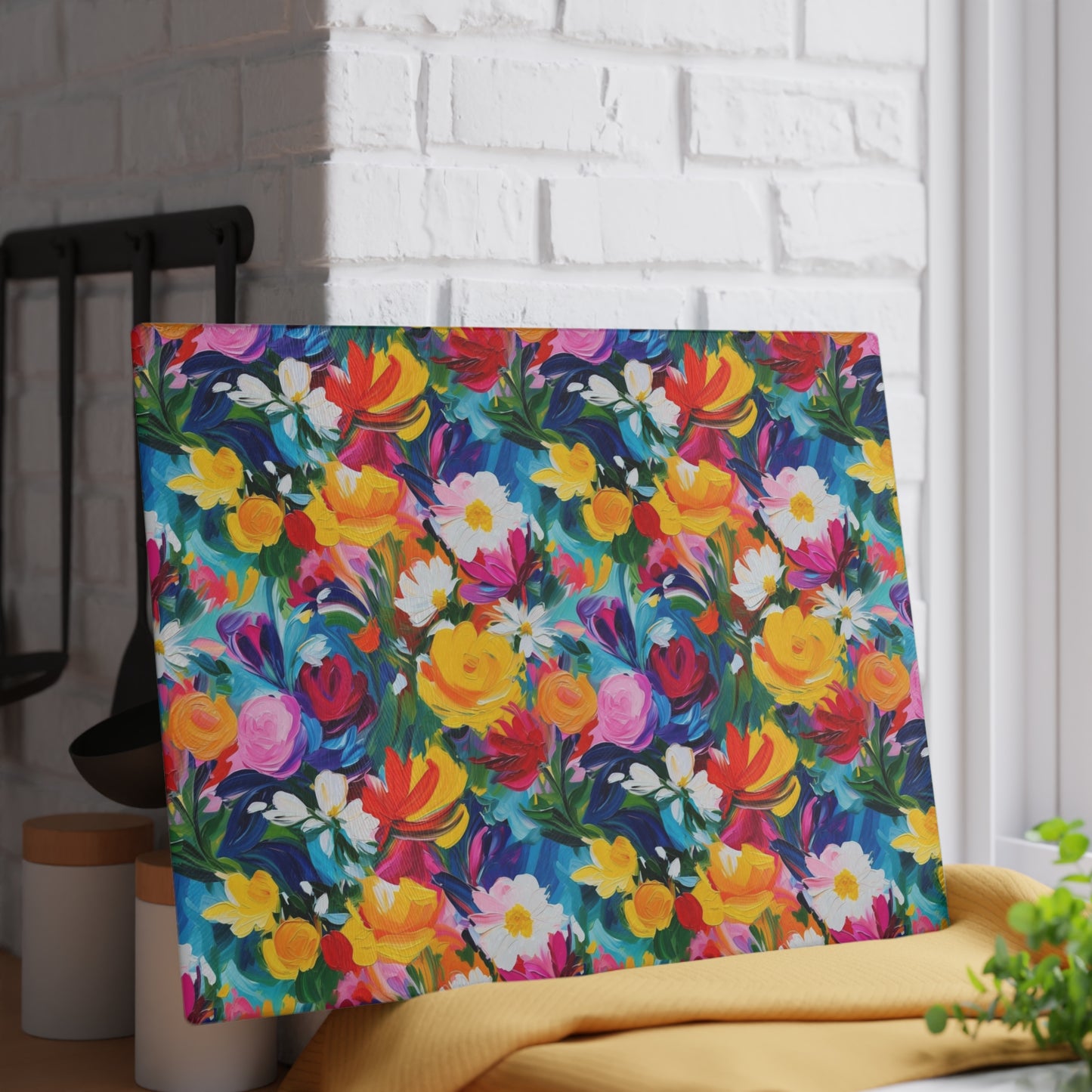 Floral Glass Cutting Board — Bright Watercolor Garden Kitchen Board