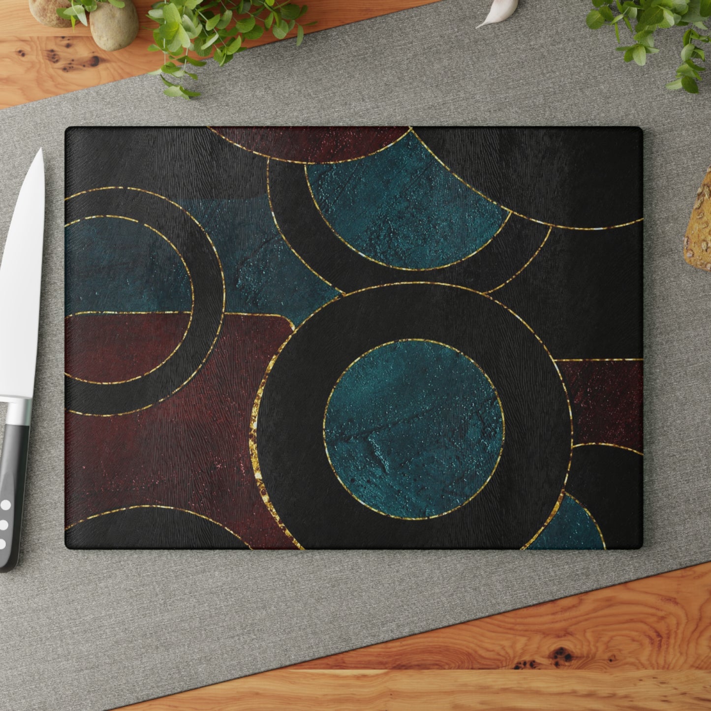 Geometric Circles Glass Cutting Board — Modern Teal & Burgundy Kitchen Decor