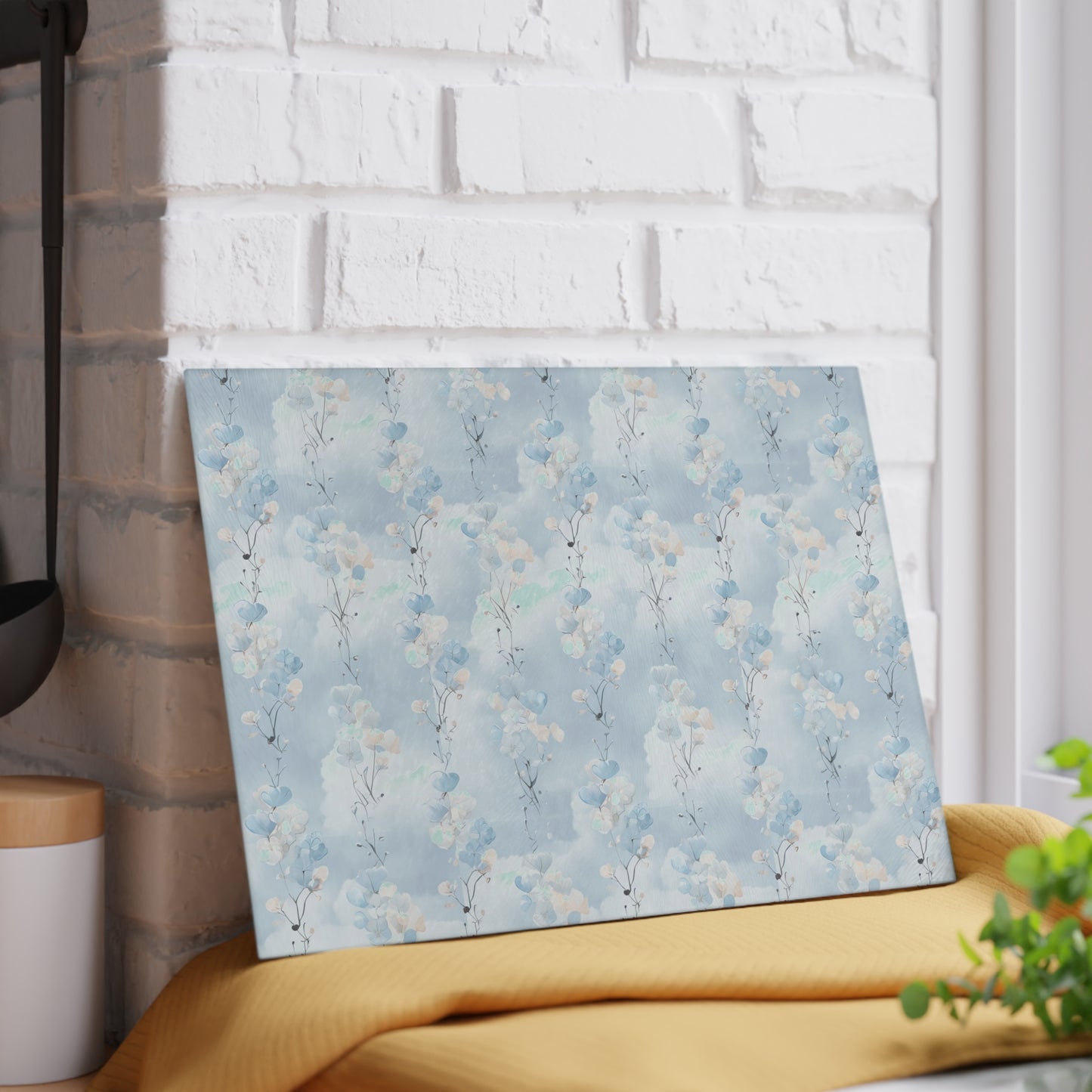 Glass Cutting Board — Soft Blue Watercolor Floral Pattern