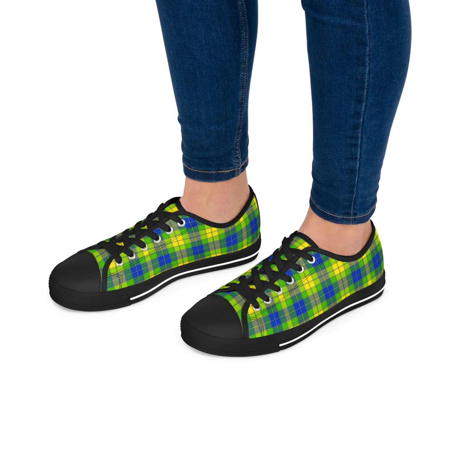 Plaid Green Blue Low Top Sneakers — Casual Canvas Shoes