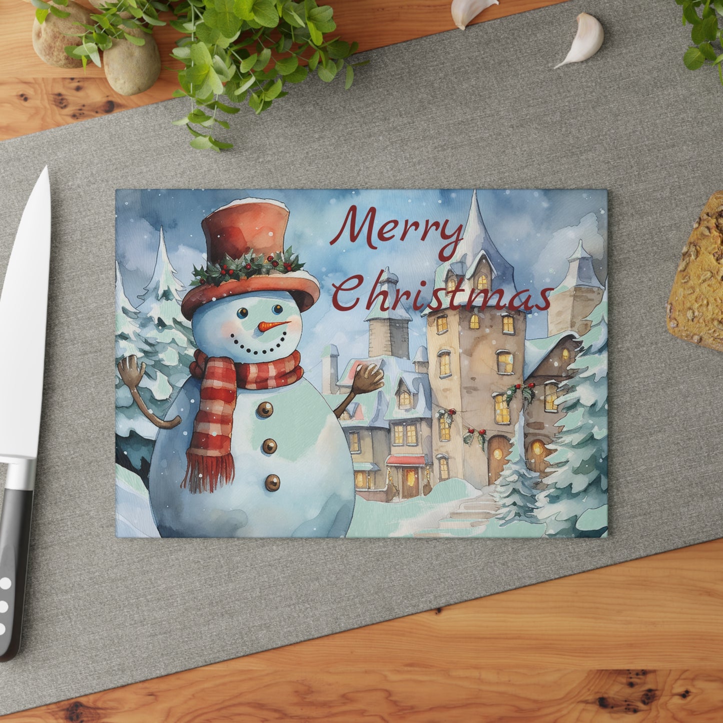 Merry Christmas Snowman Glass Cutting Board – Festive Holiday Kitchen Decor
