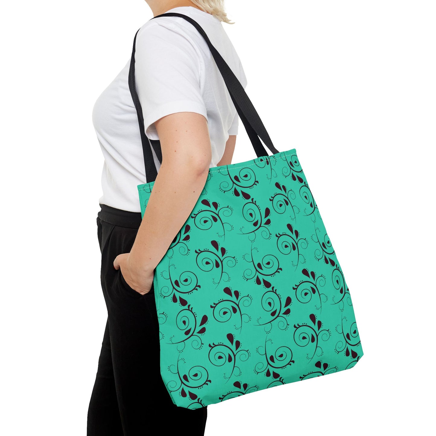 Turquoise Floral Swirl Tote Bag – All-Over Print Stylish Shopping Bag