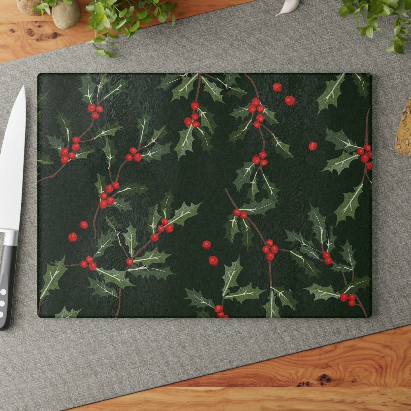 Holly Berry Glass Cutting Board - Festive Christmas Kitchen Decor