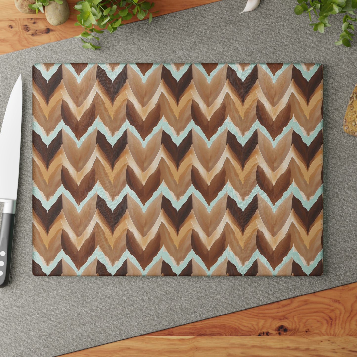 Chevron Brown Glass Cutting Board — Rustic Neutral Kitchen Prep Surface