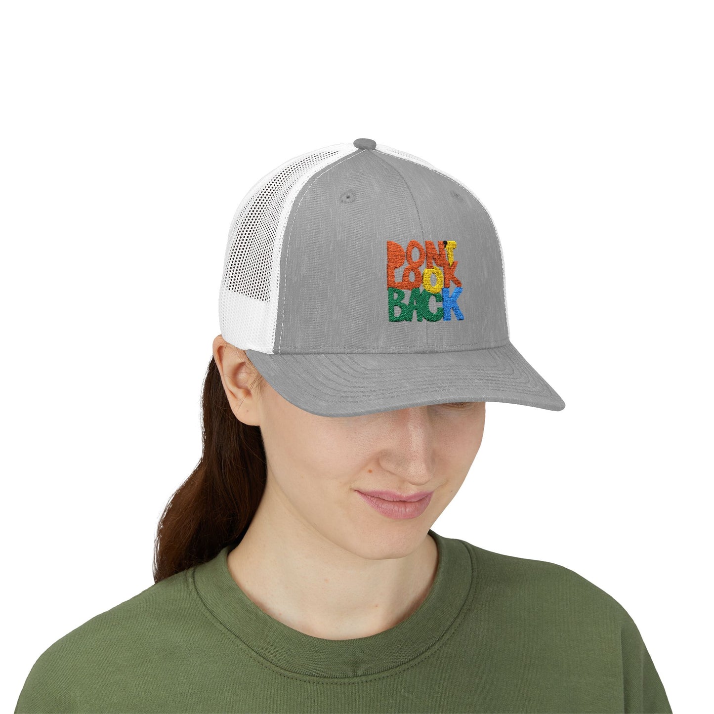 Don’t Look Back Snapback Trucker Cap — Retro Rainbow Embroidered Hat