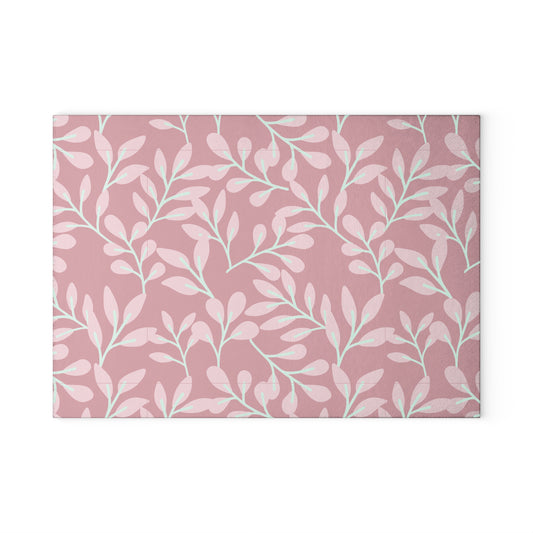 Pink Floral Glass Cutting Board – Pastel Leaf Pattern Kitchen Decor