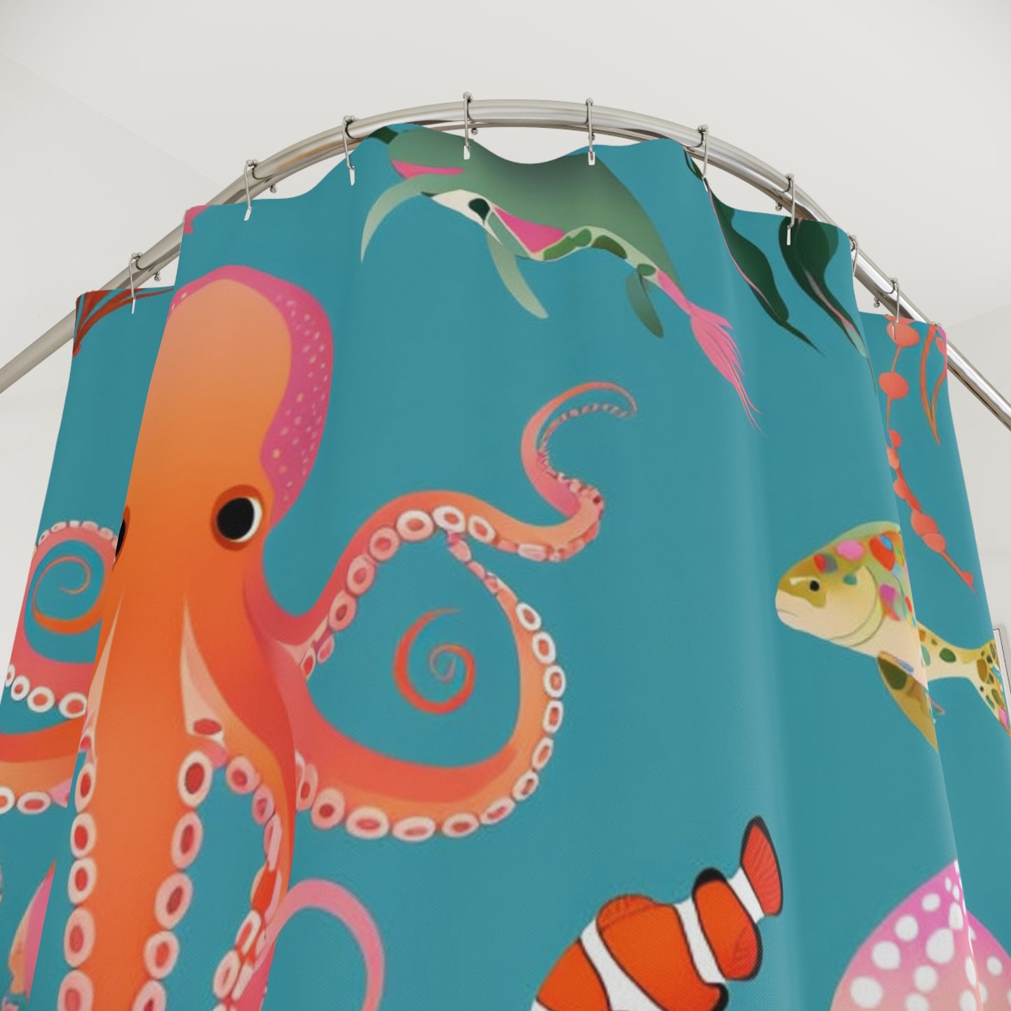 Ocean Life Shower Curtain — Colorful Octopus, Jellyfish & Fish Bathroom Decor