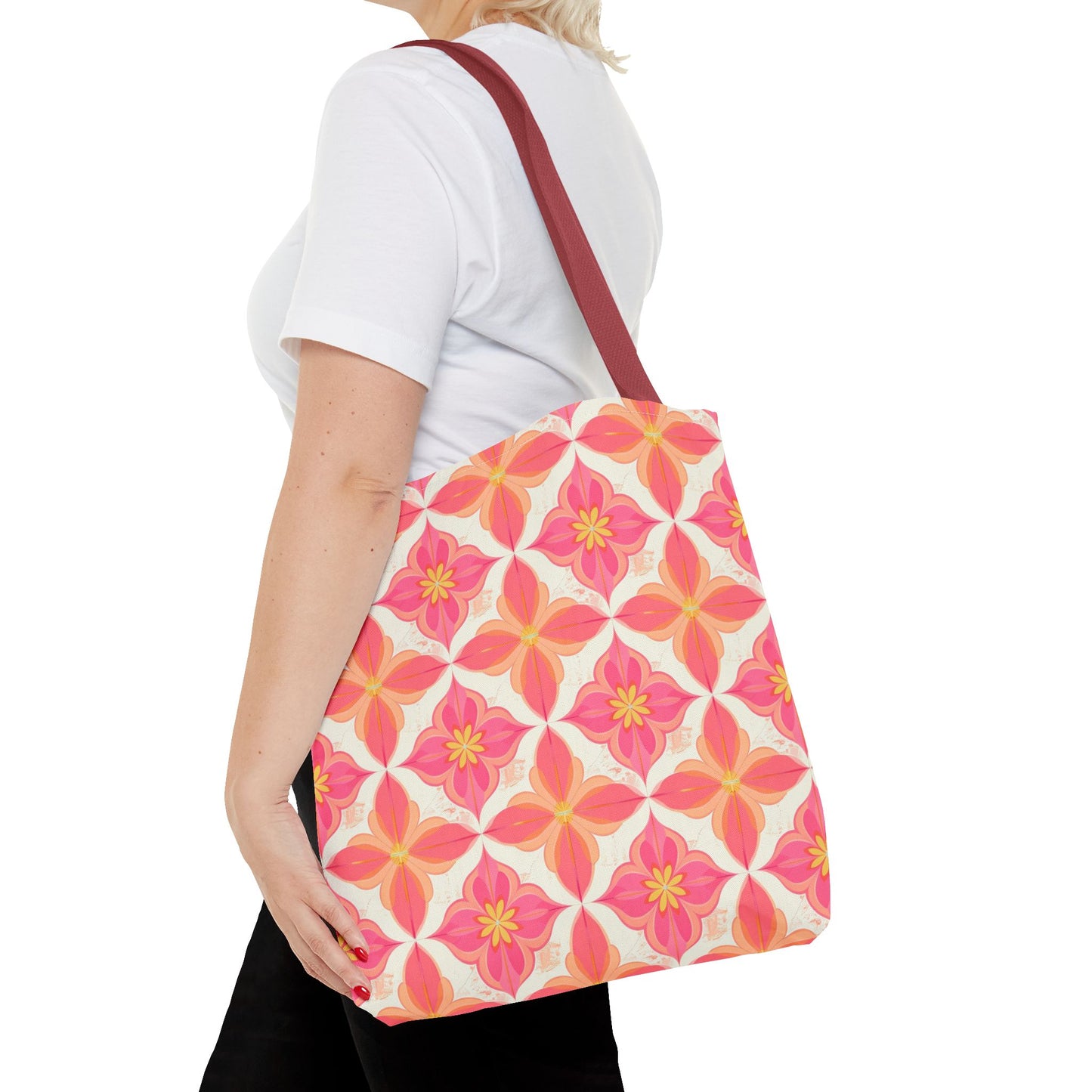 Pink Floral Geometric Tote Bag — All-Over Print Reusable Shopper